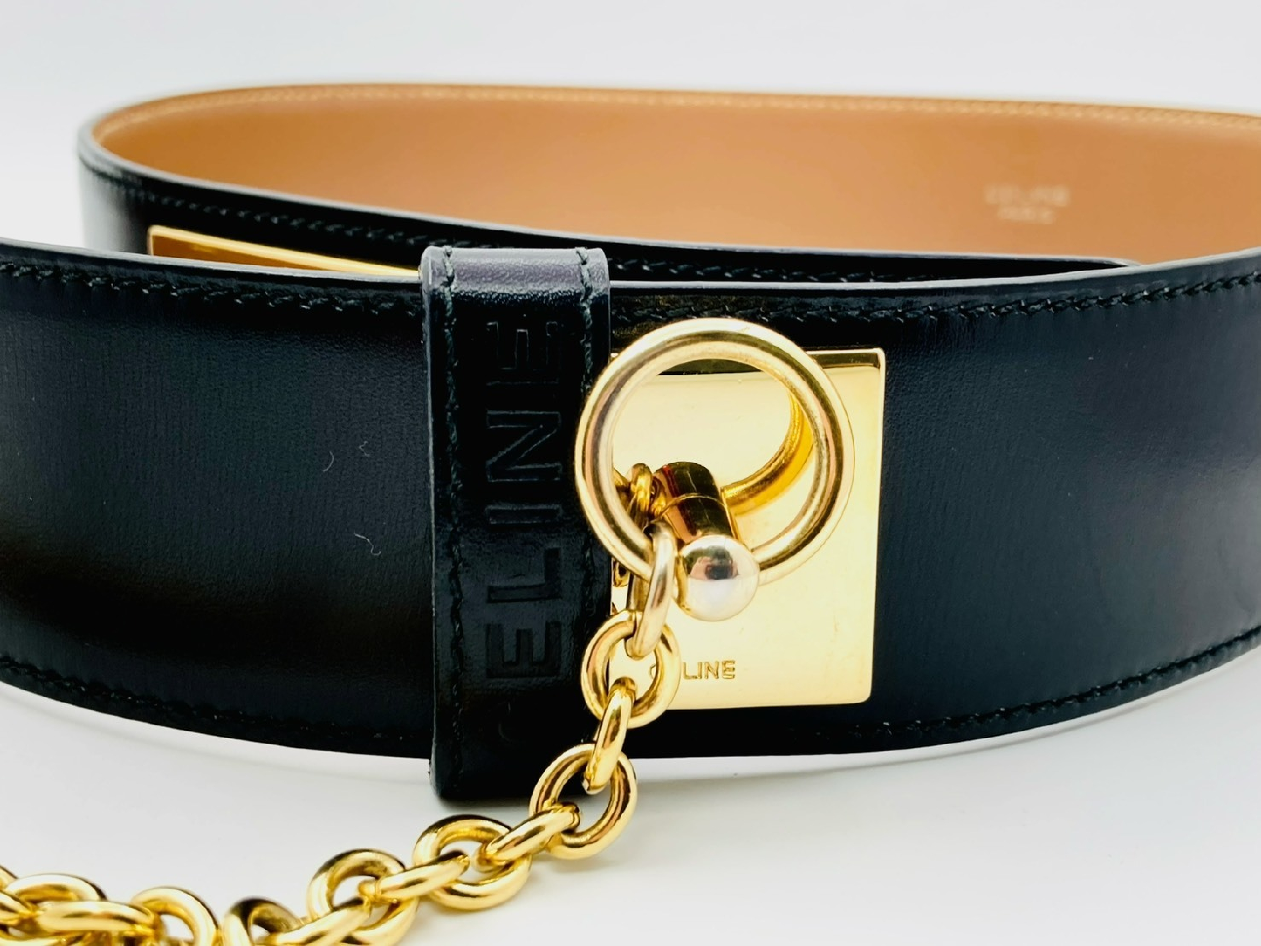 Logo Toggle Chain Leather Belt #65 Black x Gold Belt — view 2