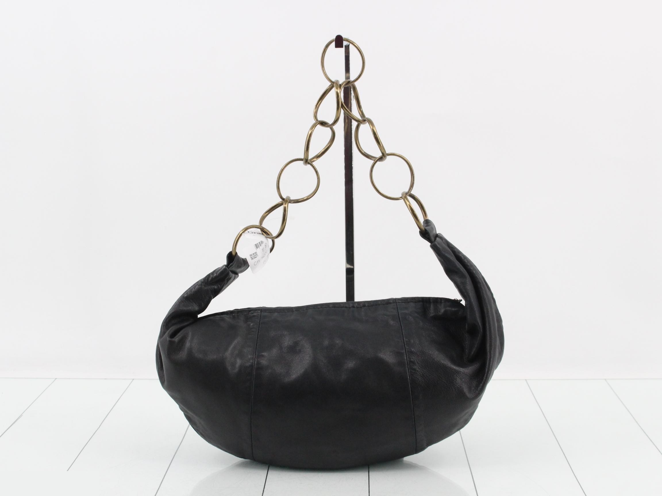 Lambskin Chain Shoulder Bag, Half Moon Design, Coco Mark, Black — view 2