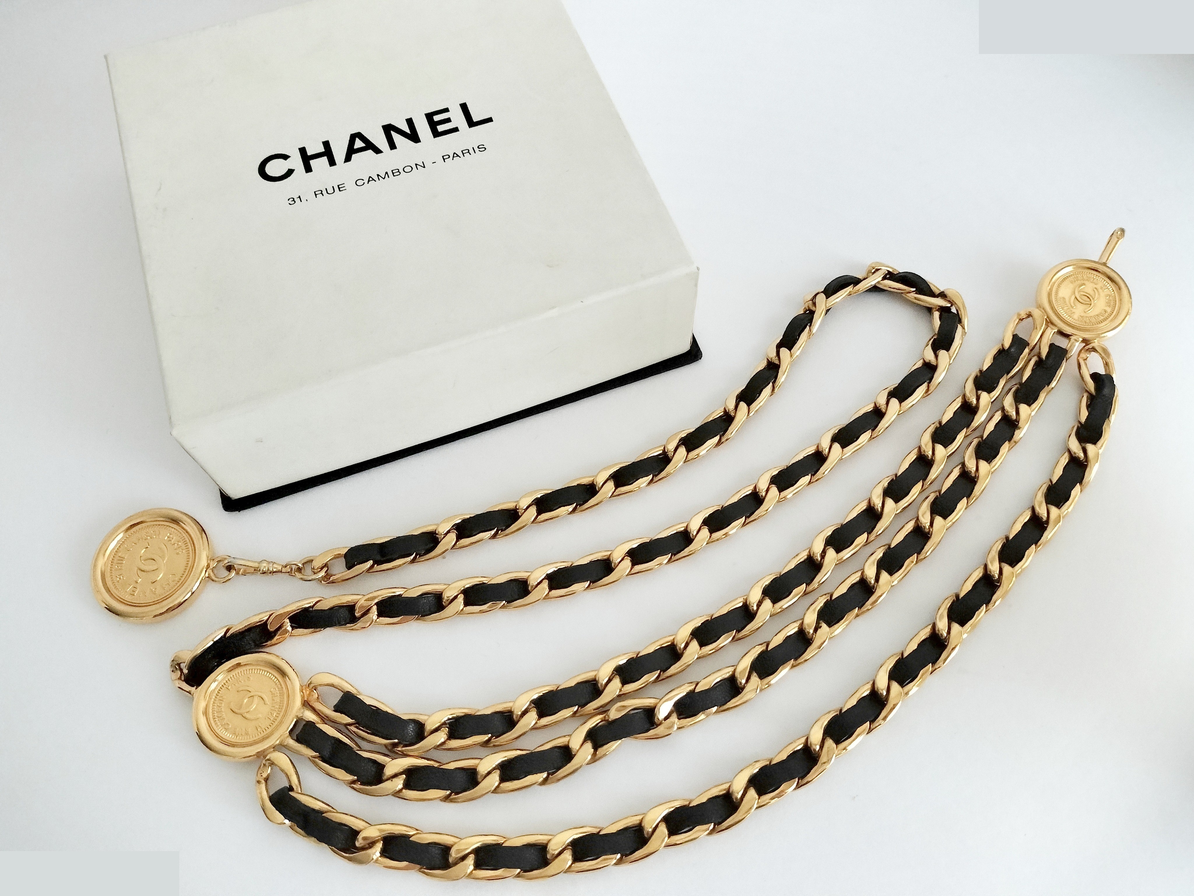 Coco Triple Leather Gold Chain Belt, Total Length Approx. 80cm — view 2