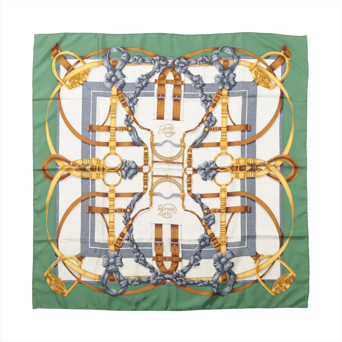 Carre 90 GRAND MANEGE (Grand Taming Technique) Scarf, Silk, Green. Shows wear,