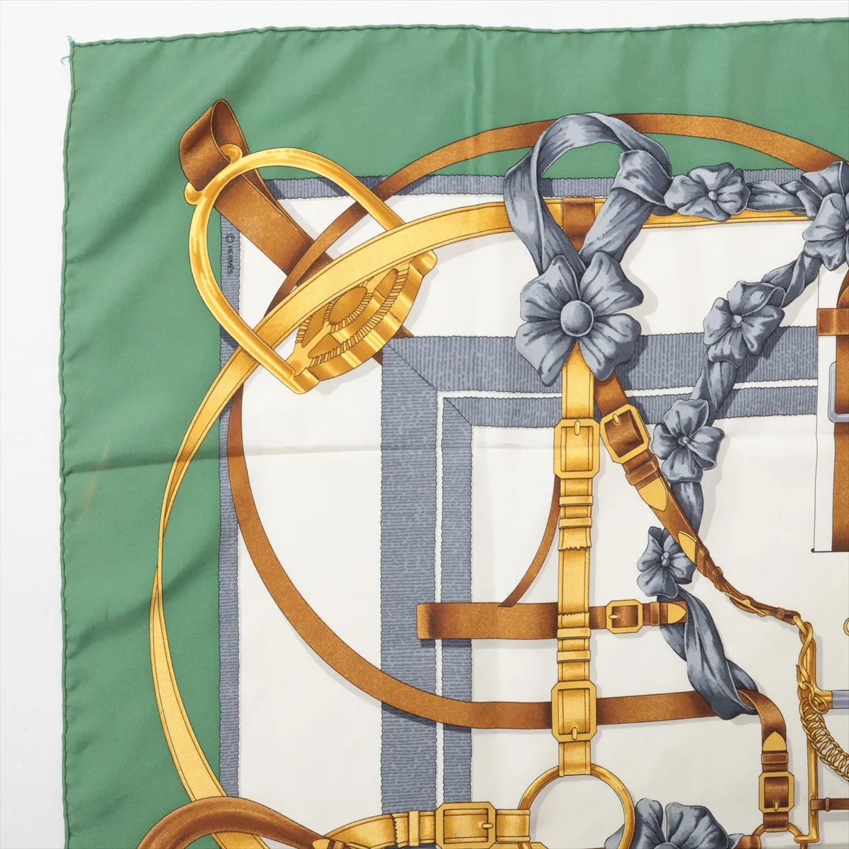 Carre 90 GRAND MANEGE (Grand Taming Technique) Scarf, Silk, Green. Shows wear, — view 2