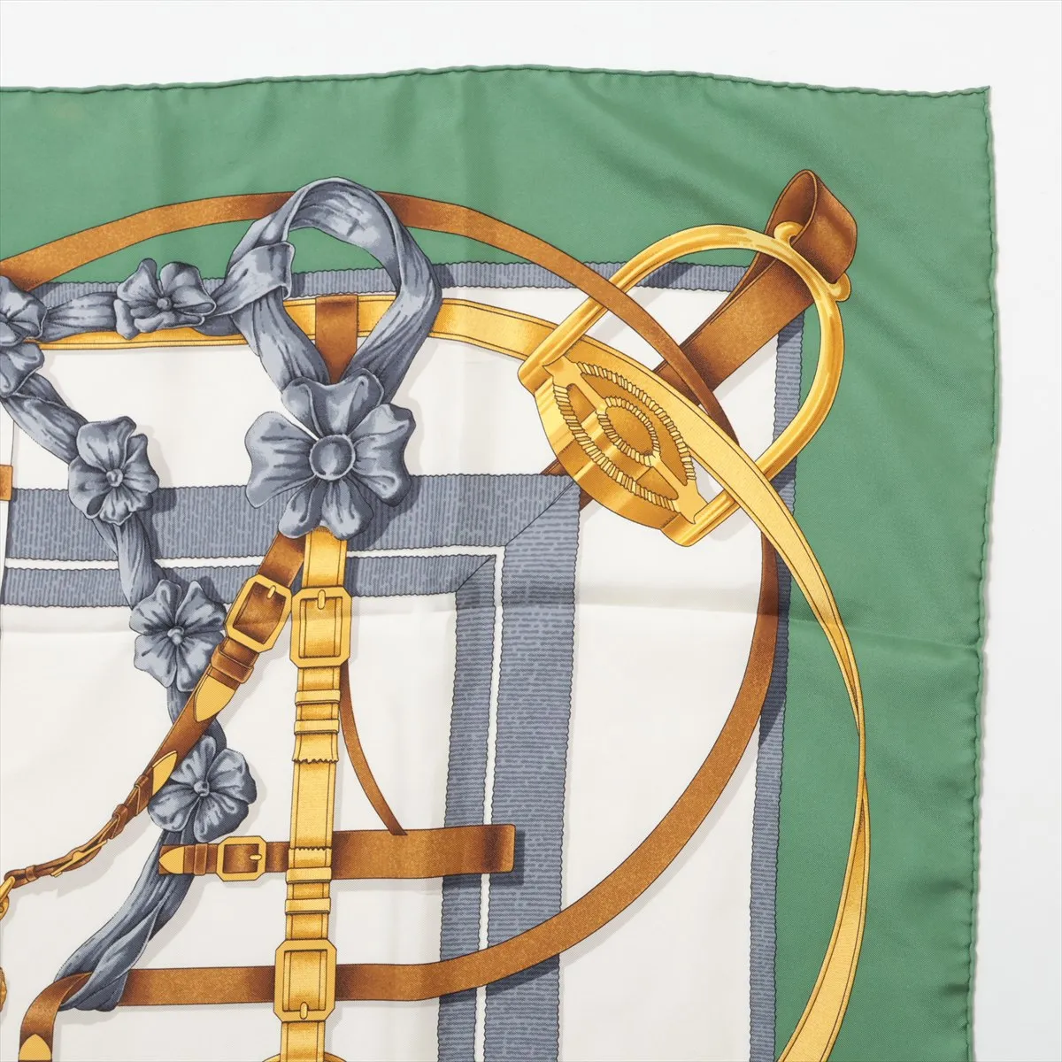 Carre 90 GRAND MANEGE (Grand Taming Technique) Scarf, Silk, Green. Shows wear, — view 3