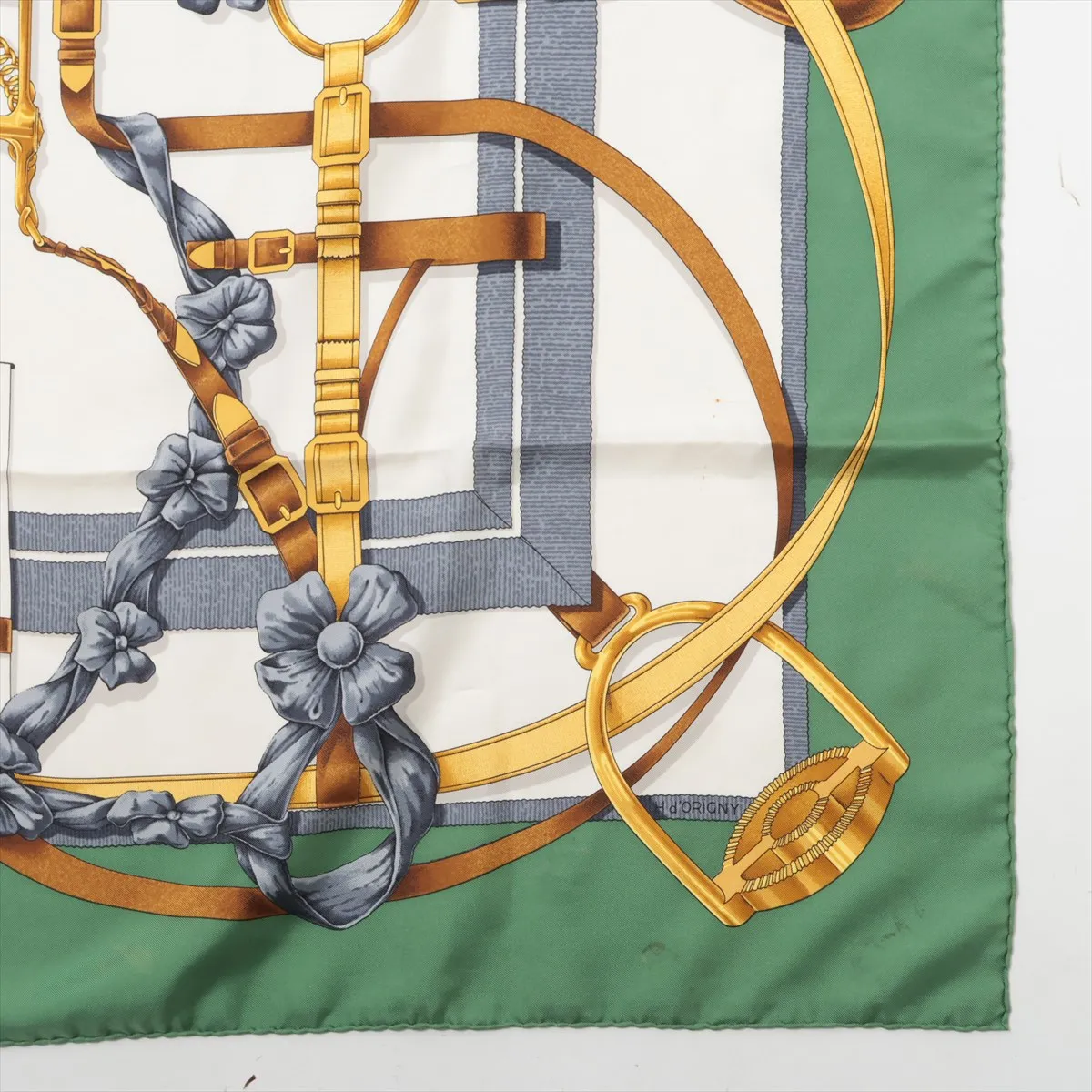 Carre 90 GRAND MANEGE (Grand Taming Technique) Scarf, Silk, Green. Shows wear, — view 4