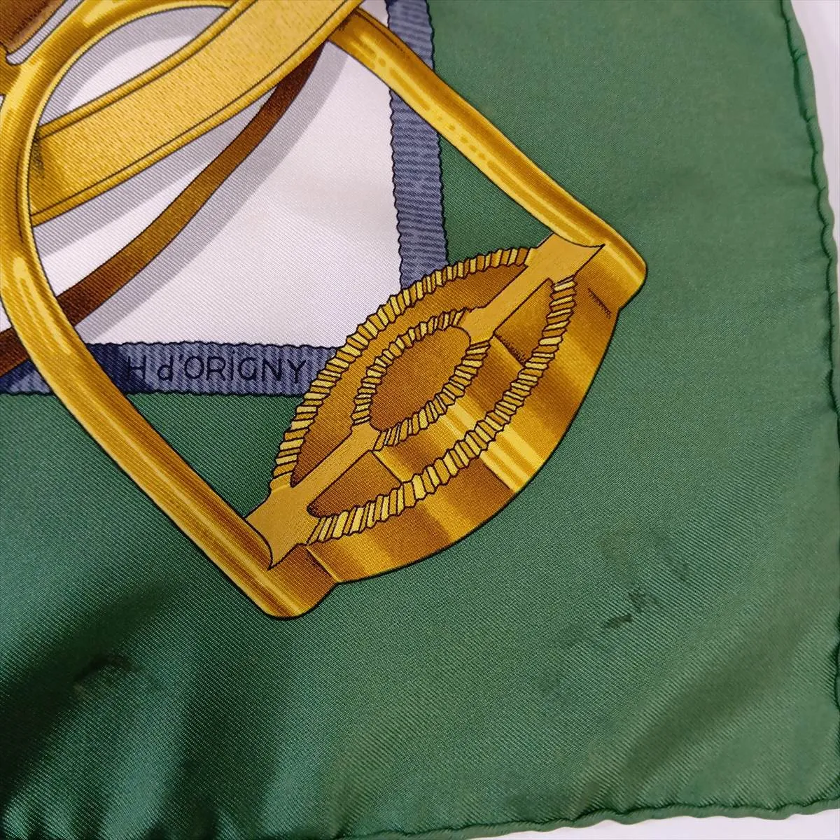 Carre 90 GRAND MANEGE (Grand Taming Technique) Scarf, Silk, Green. Shows wear, — view 9
