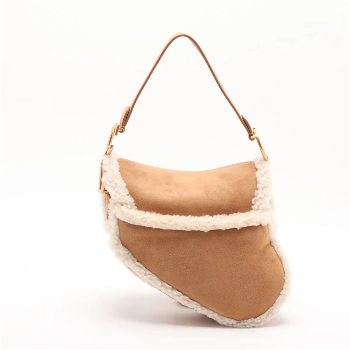 Saddle Bag, Shearling Handbag, Beige x White — view 2