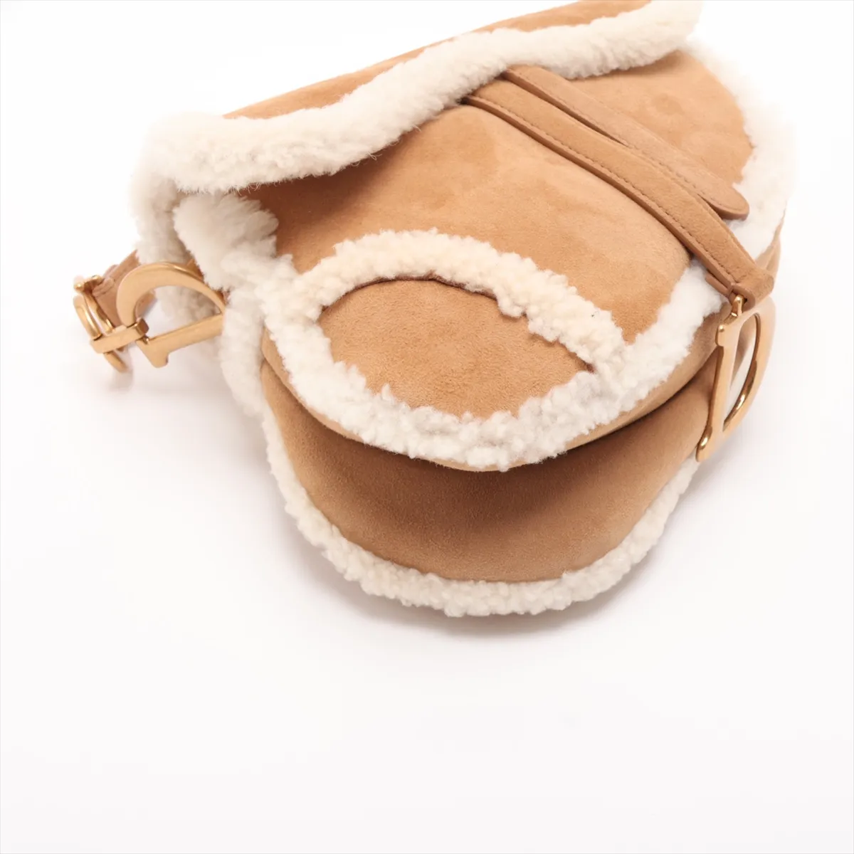 Saddle Bag, Shearling Handbag, Beige x White — view 4