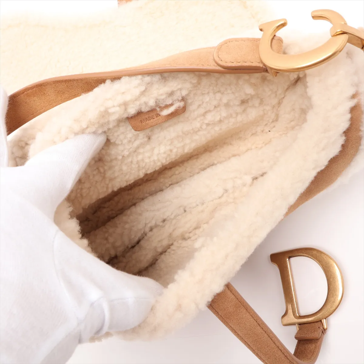 Saddle Bag, Shearling Handbag, Beige x White — view 7