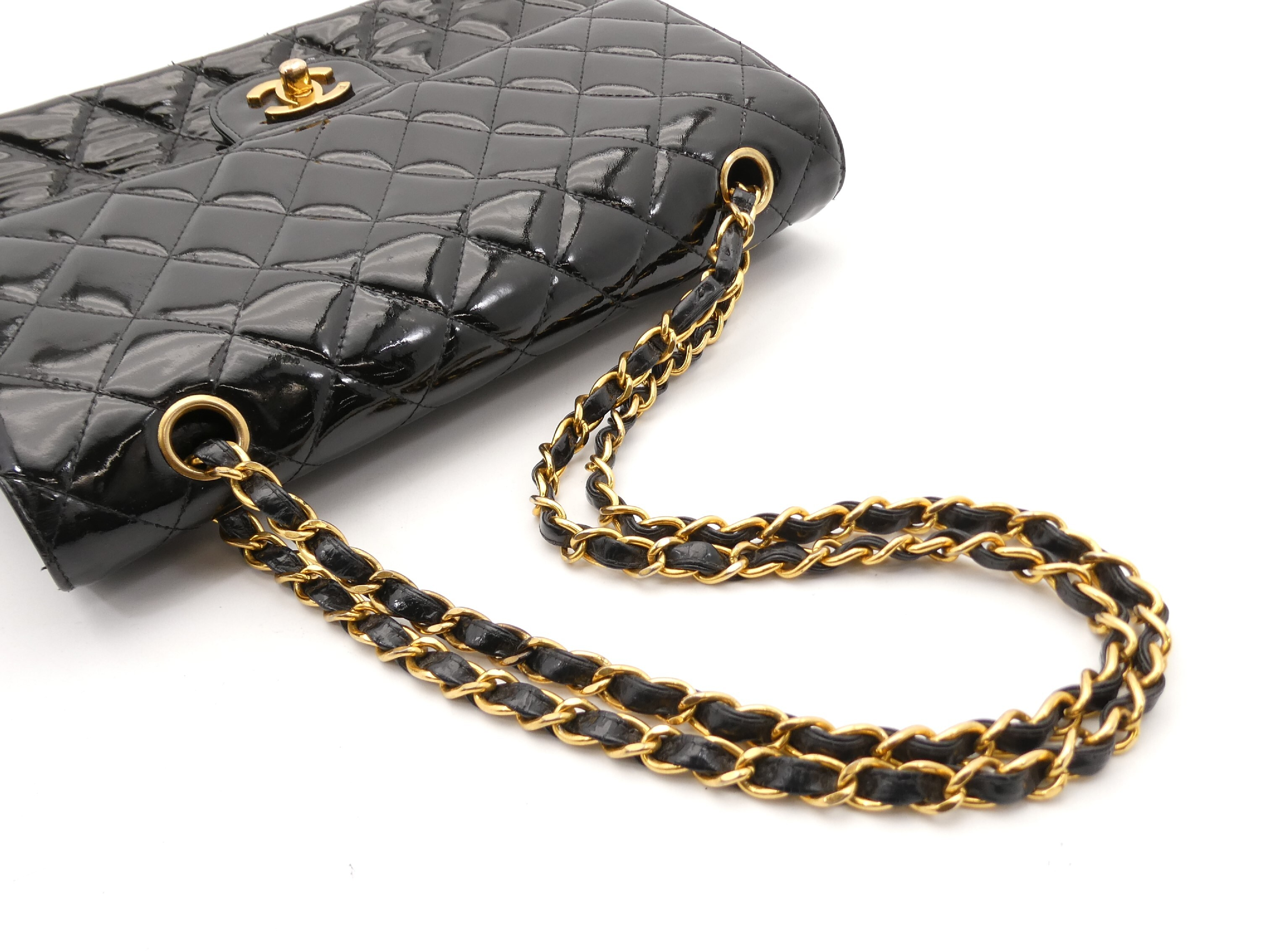Matelassé Coco Mark Enamel Double Flap Double Chain Shoulder Bag — view 6