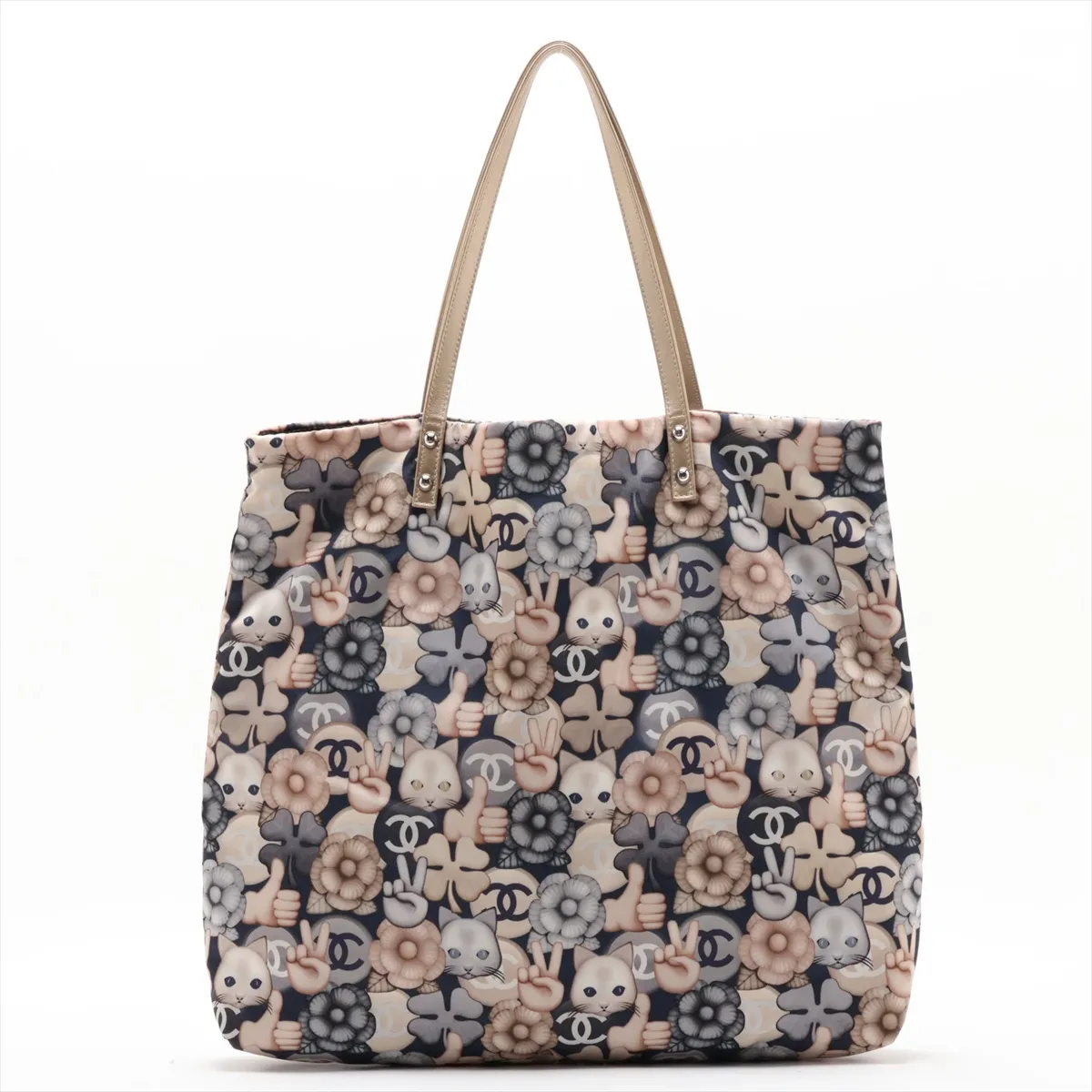 Choupette Nylon x Leather Tote Bag, Beige x Blue, Silver Hardware, Item Number 23416665 (Serial Number 23)