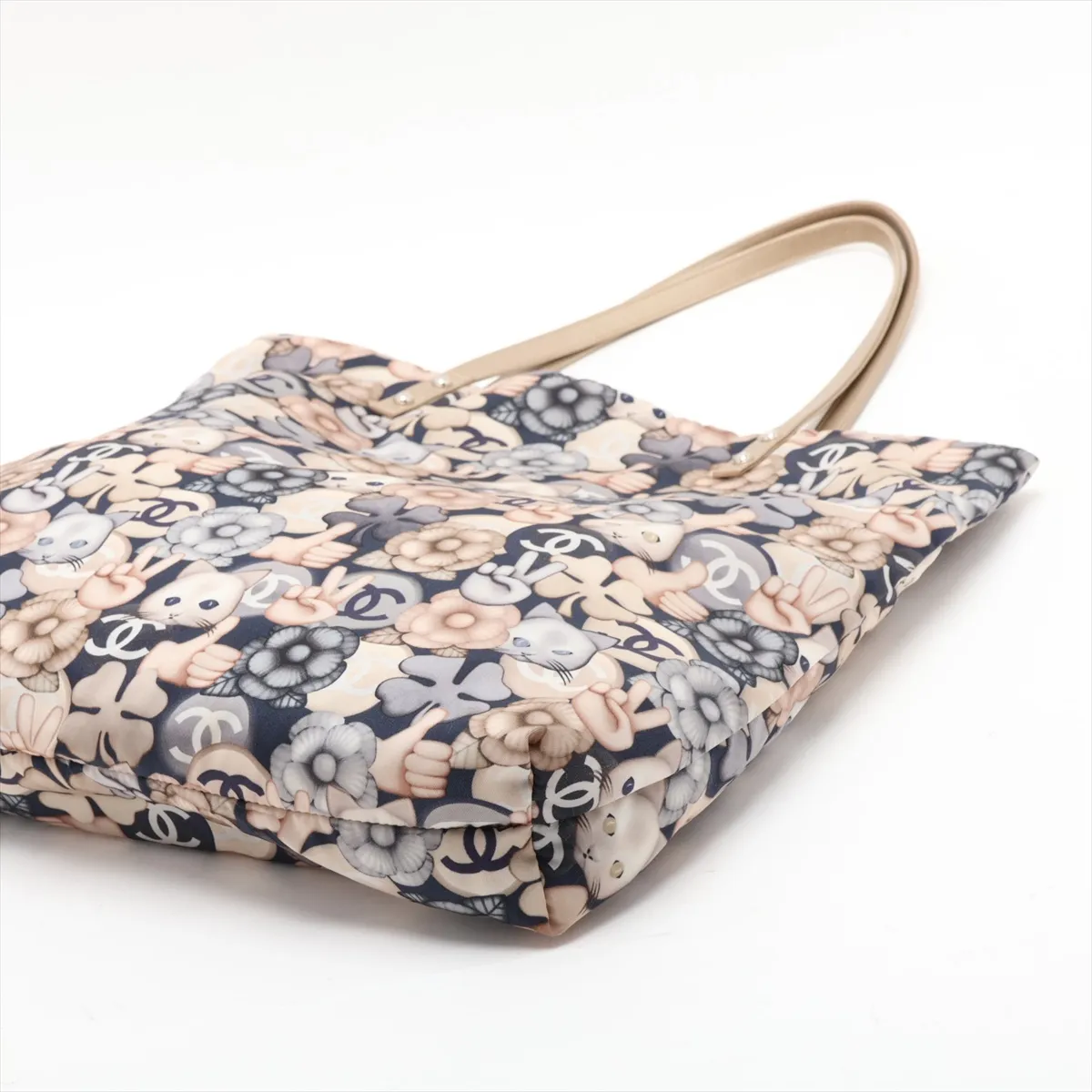 Choupette Nylon x Leather Tote Bag, Beige x Blue, Silver Hardware, Item Number 23416665 (Serial Number 23) — view 3
