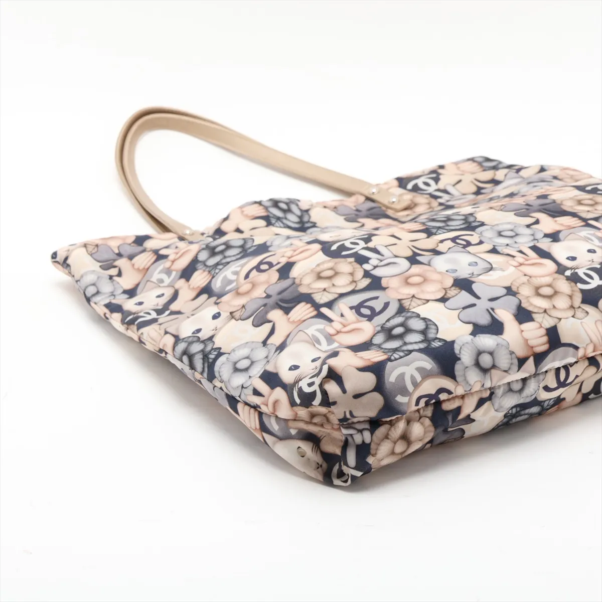 Choupette Nylon x Leather Tote Bag, Beige x Blue, Silver Hardware, Item Number 23416665 (Serial Number 23) — view 4