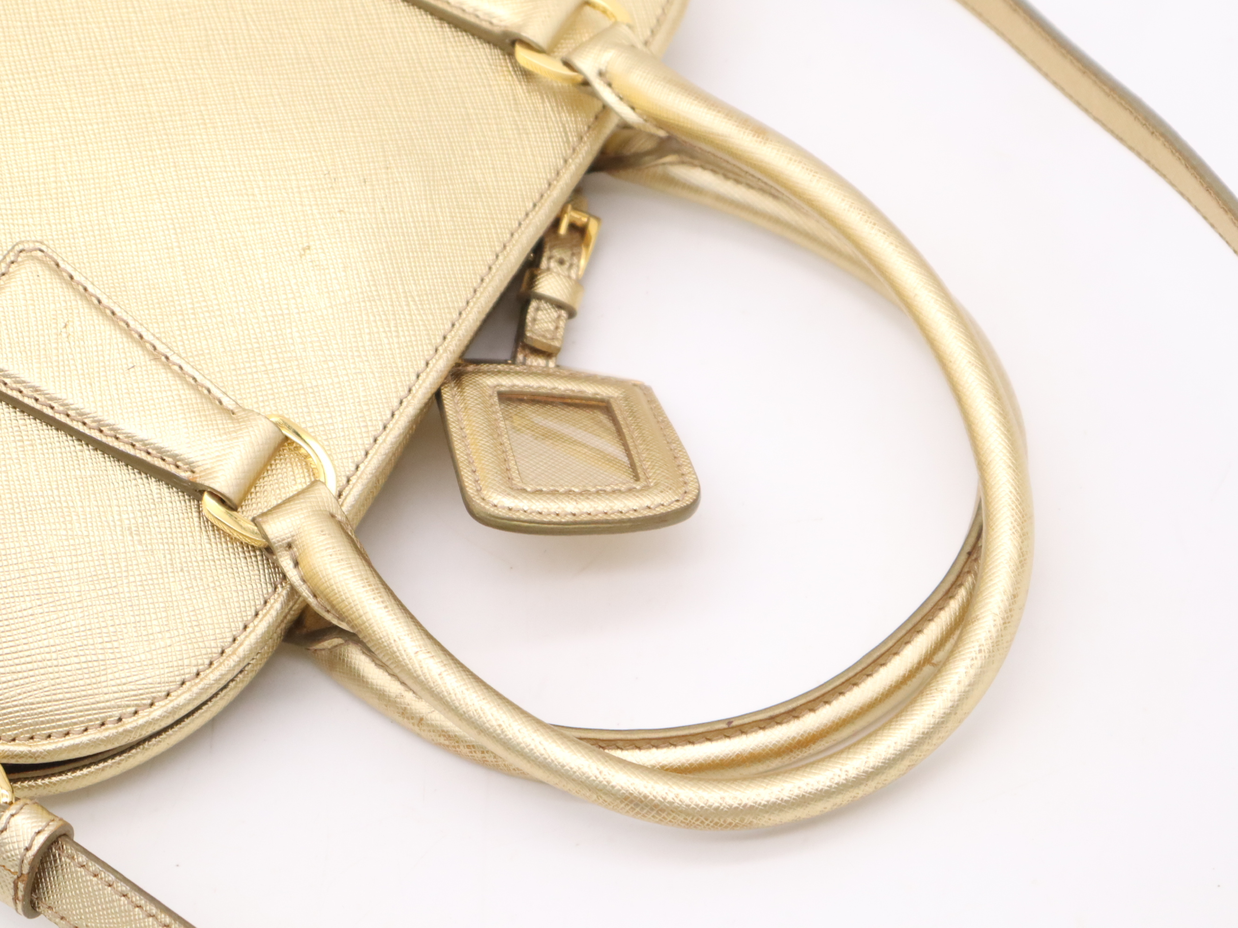 Leather Triangle Logo 2-Way Handbag with Gold Shoulder Strap, Name Tag, and Card Holder — view 6