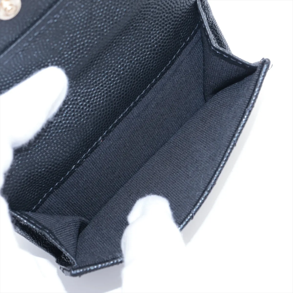 Matelasse Caviar Skin Compact Wallet Black Gold Hardware HHC005L3 — view 7