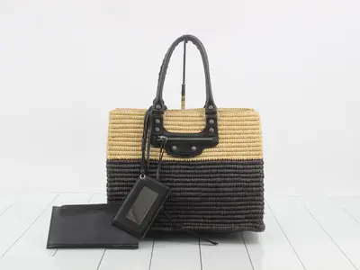 Panier Raffia Basket Bag Tote Bag with Pouch, Two-Tone