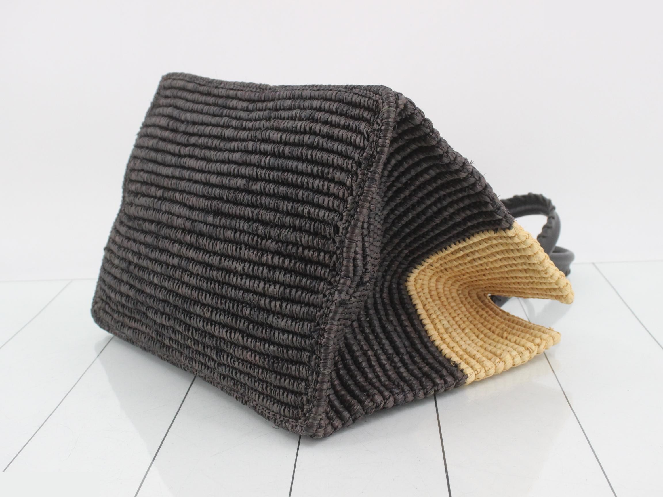 Panier Raffia Basket Bag Tote Bag with Pouch, Two-Tone — view 6