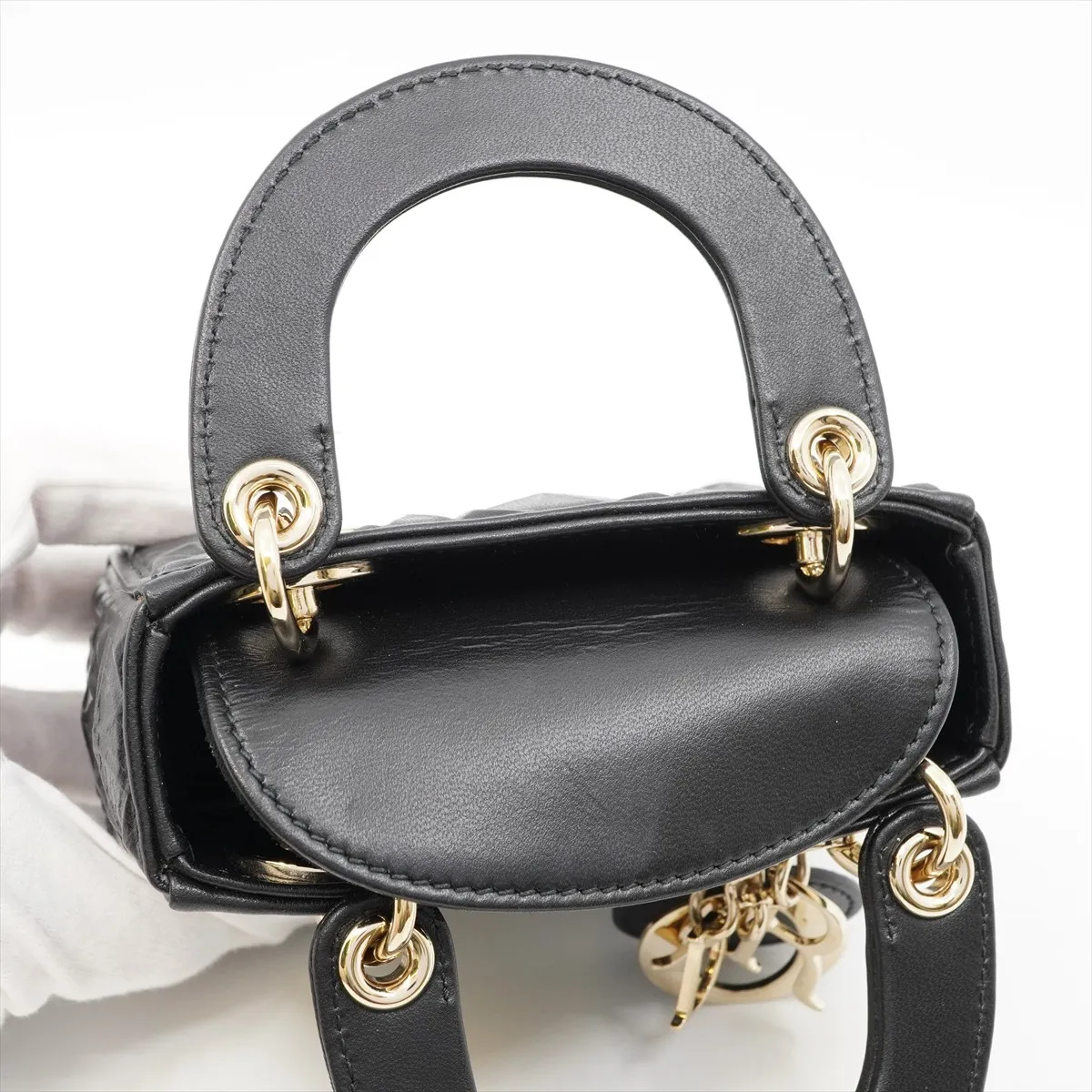 Lady Dior Cannage Micro Calfskin 2-Way Handbag, Black, 10-MA-1202, Gold Hardware — view 11