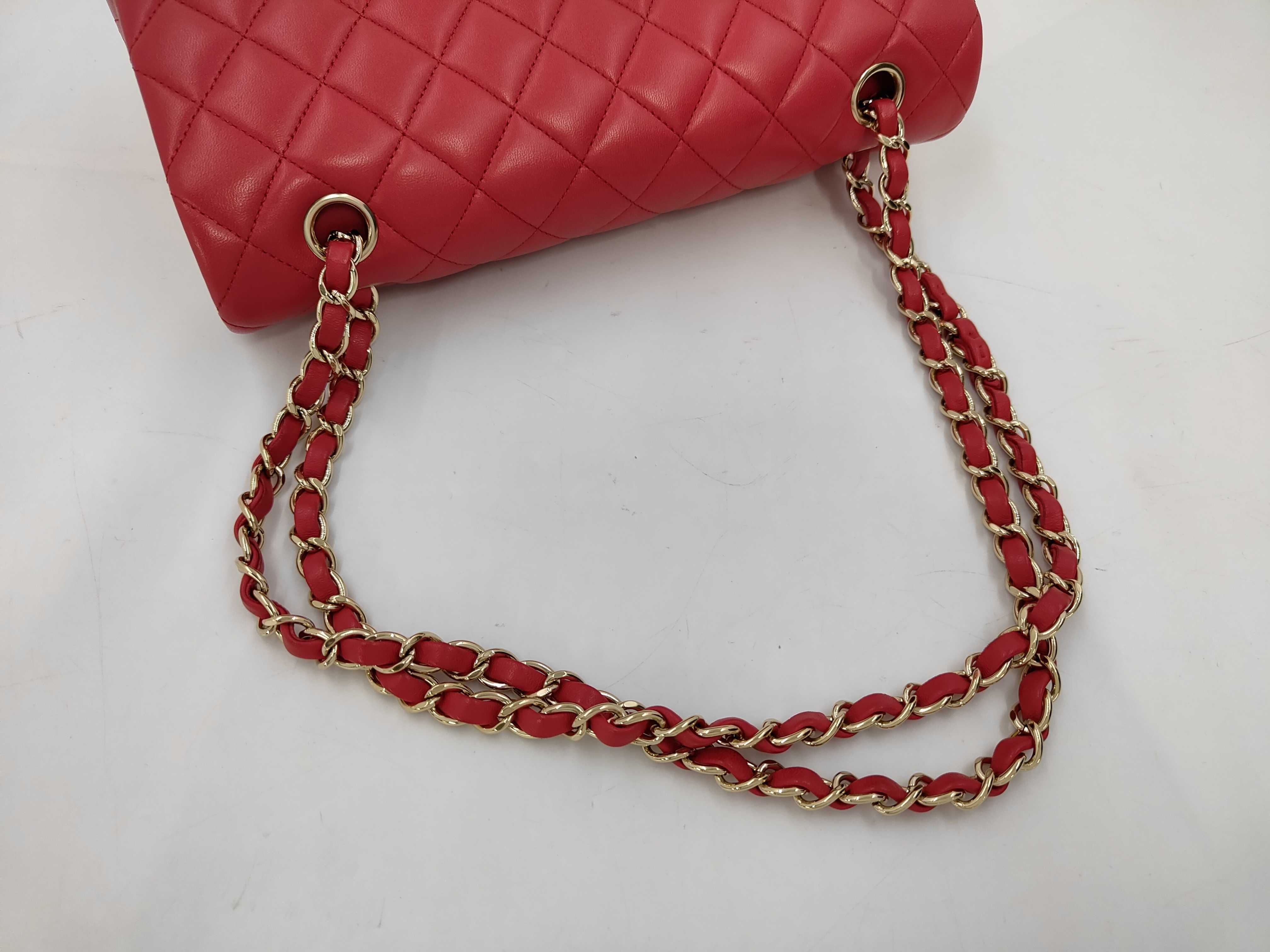 Matelassé Double Flap Chain Shoulder Bag, Lambskin, Red, Gold Hardware. — view 3