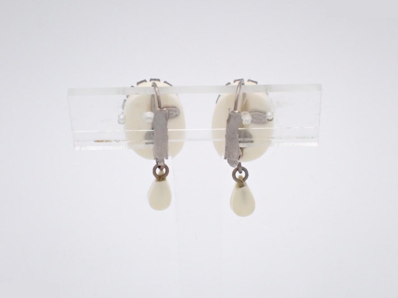 Earrings, white resin, rhinestones, CHANEL logo — view 2