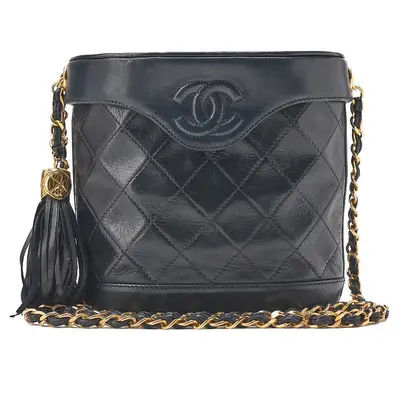 Lambskin Matelassé Fringe Vanity Chain Shoulder Bag, Navy