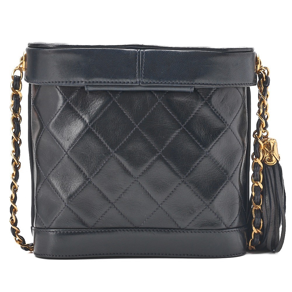 Lambskin Matelassé Fringe Vanity Chain Shoulder Bag, Navy — view 2