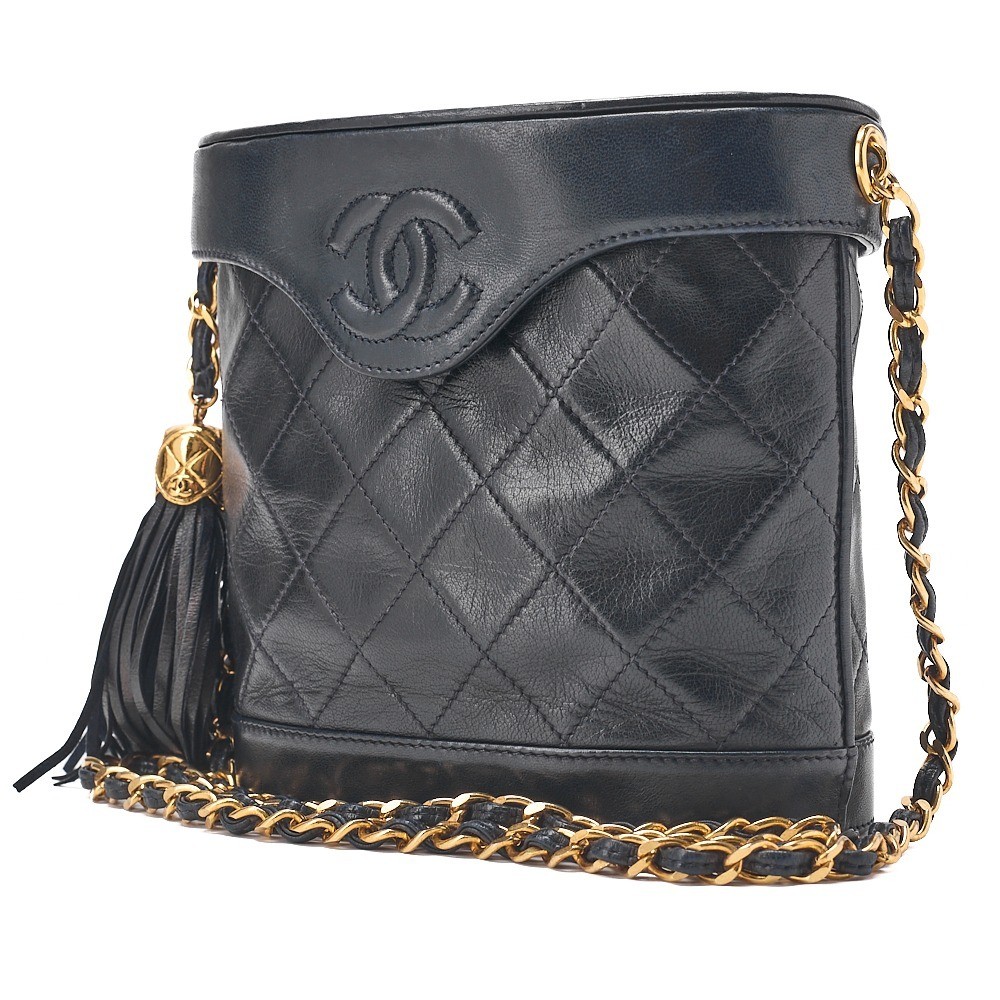 Lambskin Matelassé Fringe Vanity Chain Shoulder Bag, Navy — view 3