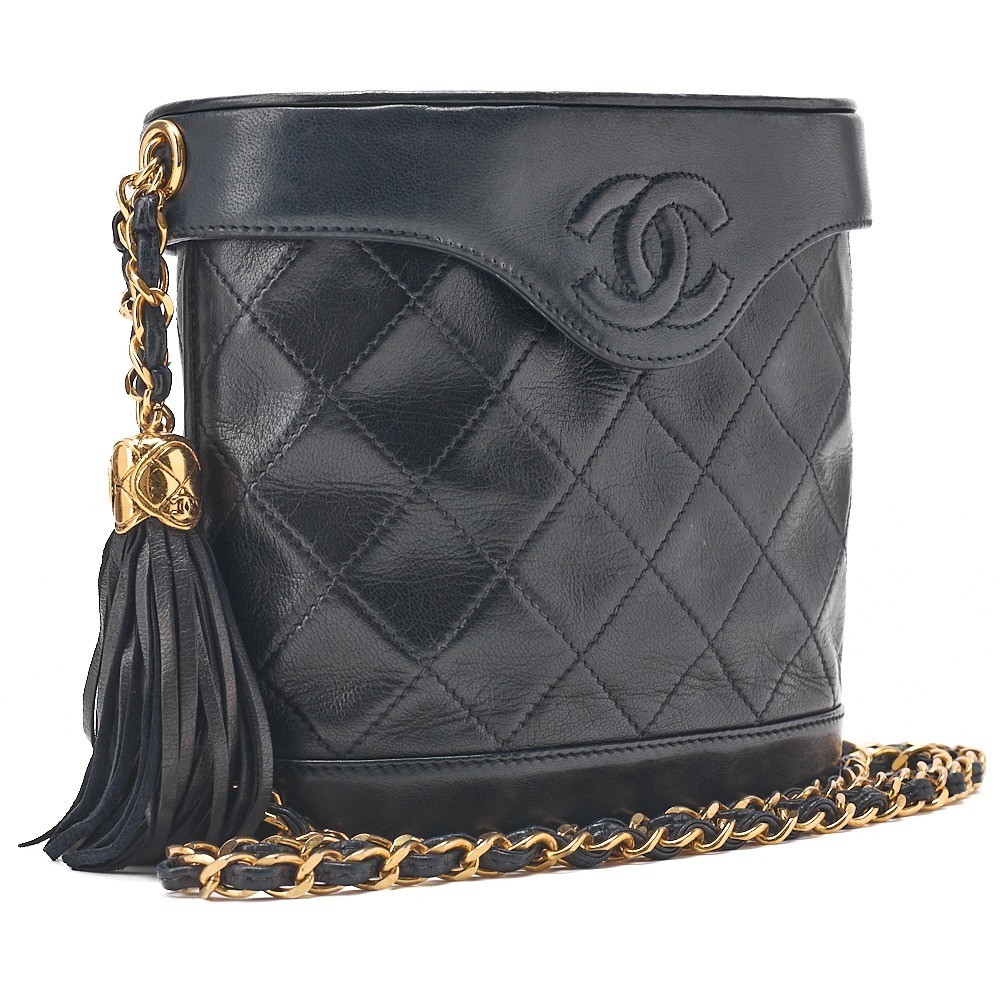 Lambskin Matelassé Fringe Vanity Chain Shoulder Bag, Navy — view 4