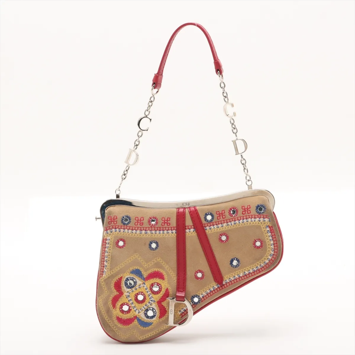 Saddle Bag Suede Chain Handbag Beige x Red 0037 with Mirror