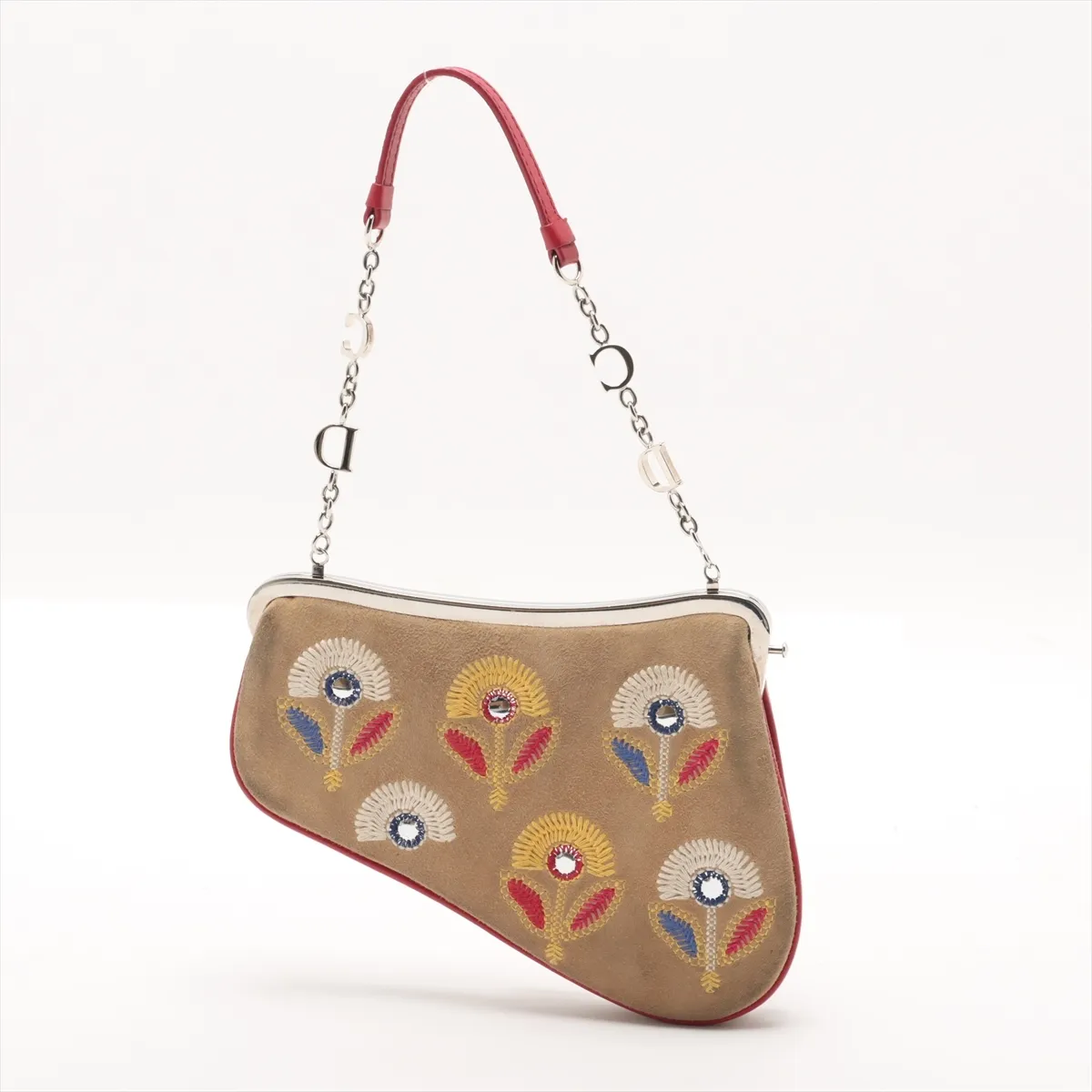 Saddle Bag Suede Chain Handbag Beige x Red 0037 with Mirror — view 2