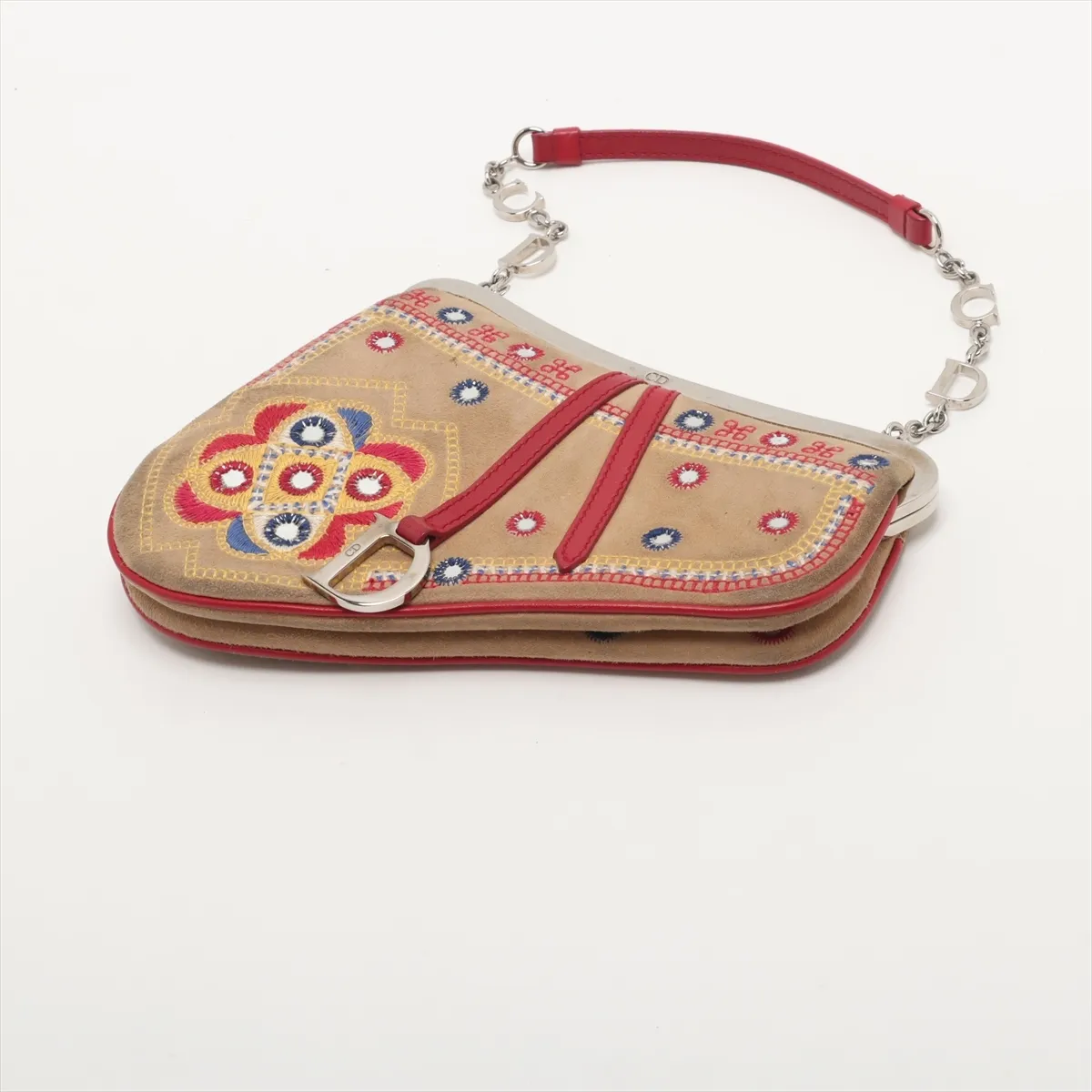 Saddle Bag Suede Chain Handbag Beige x Red 0037 with Mirror — view 3