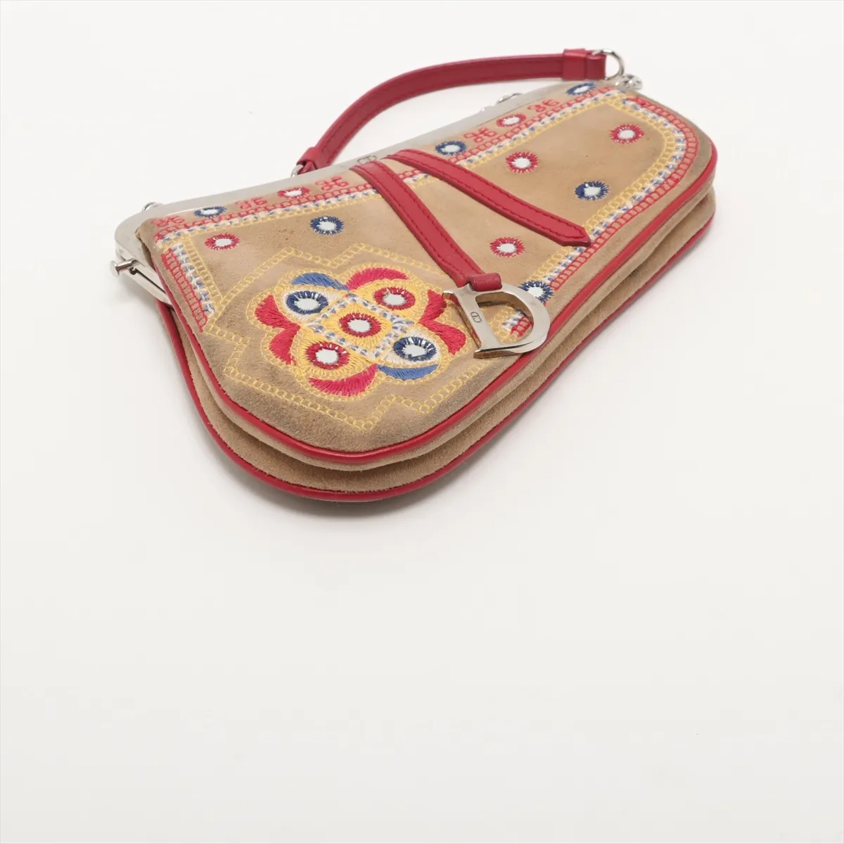 Saddle Bag Suede Chain Handbag Beige x Red 0037 with Mirror — view 4