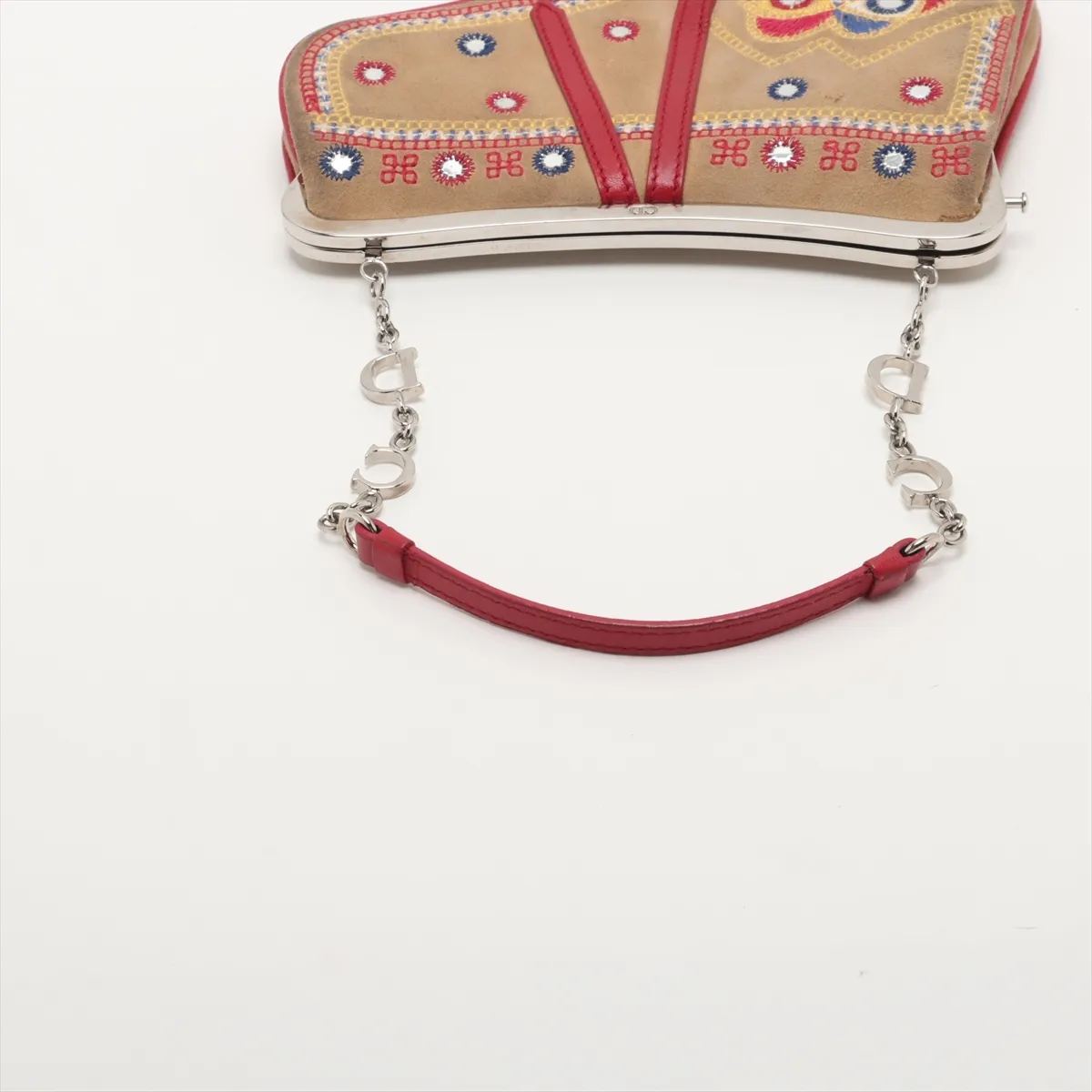 Saddle Bag Suede Chain Handbag Beige x Red 0037 with Mirror — view 5