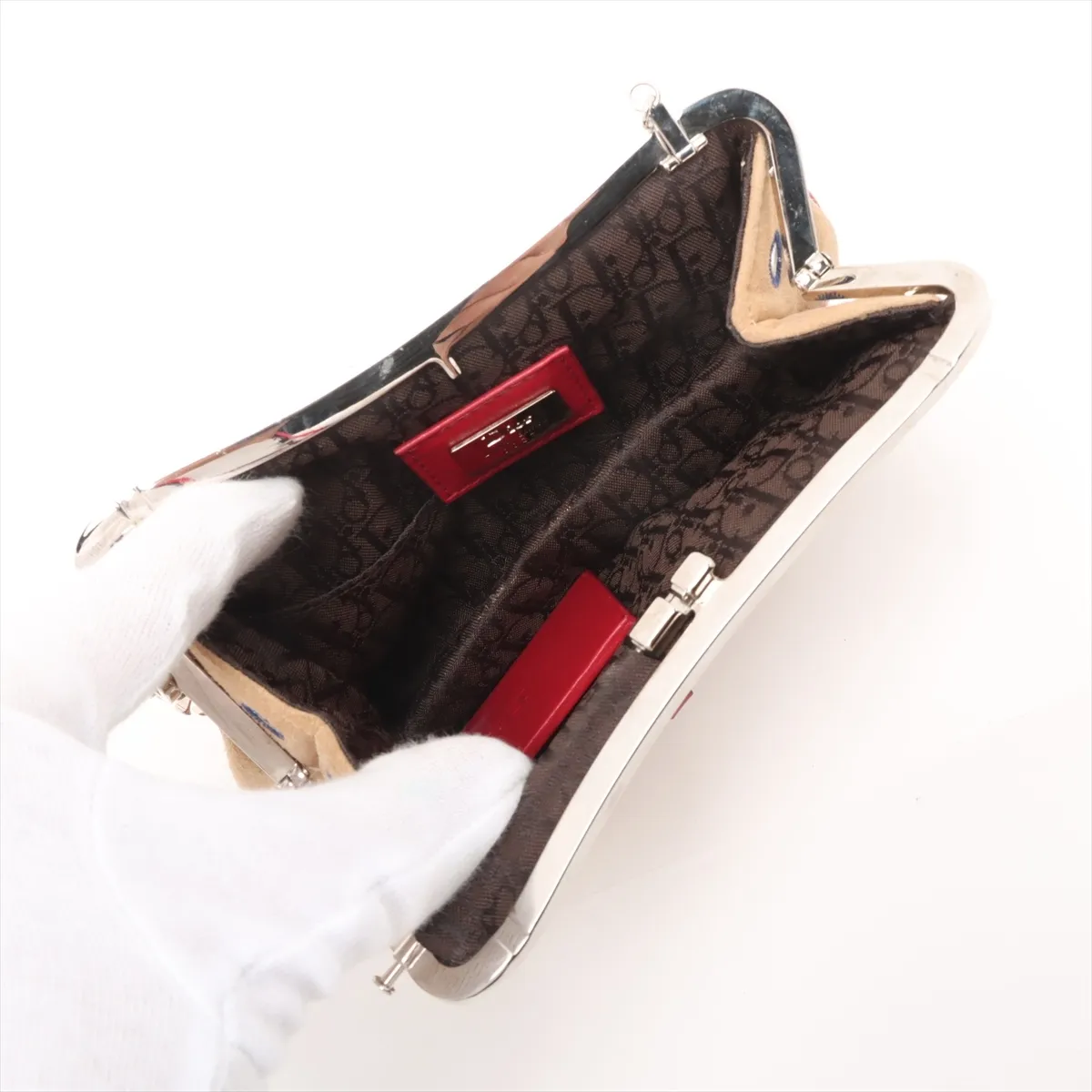 Saddle Bag Suede Chain Handbag Beige x Red 0037 with Mirror — view 7