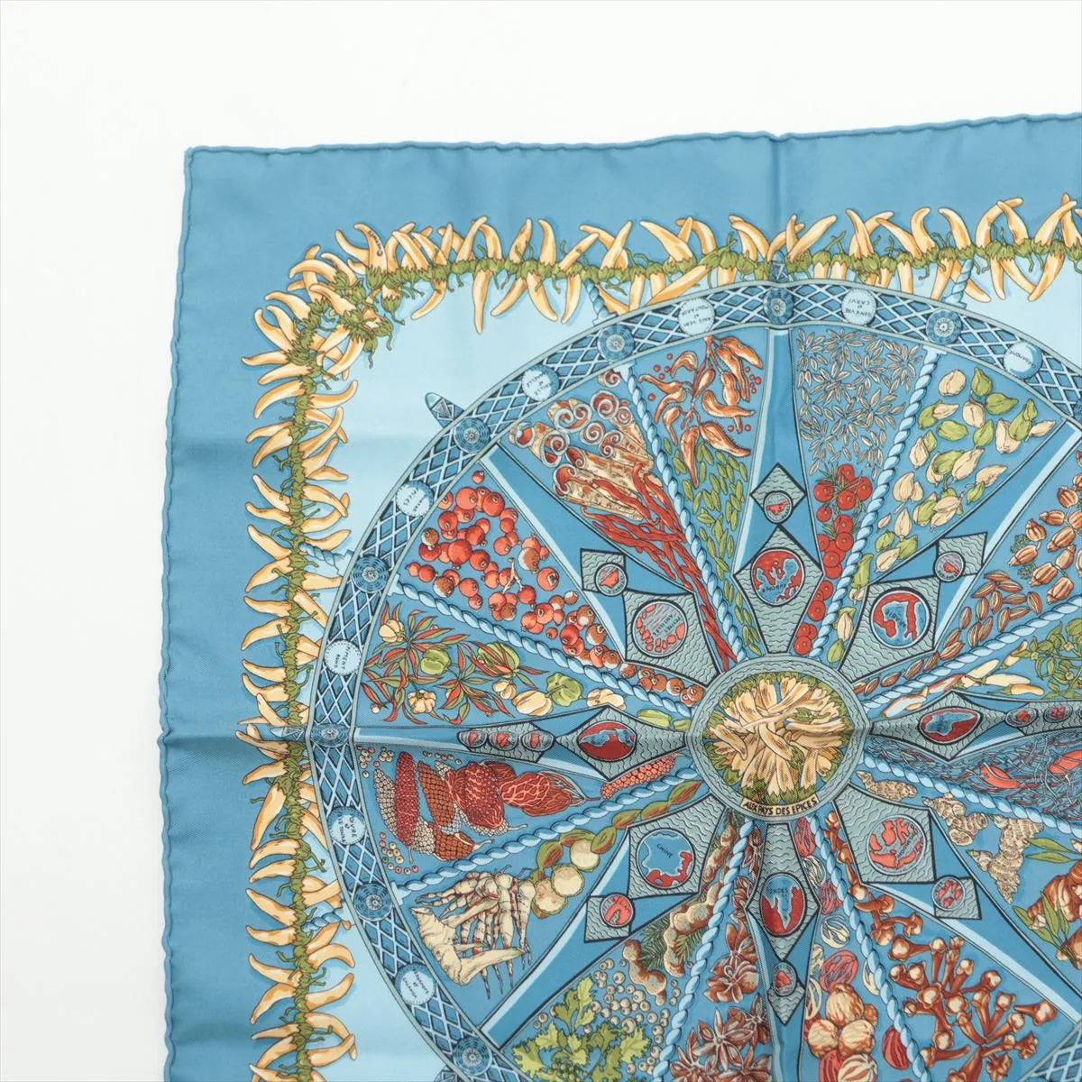 Carre 40 AUX PAYS DES EPICES (Land of Spices) Scarf, Silk, Blue-Gray, with some wear, — view 2