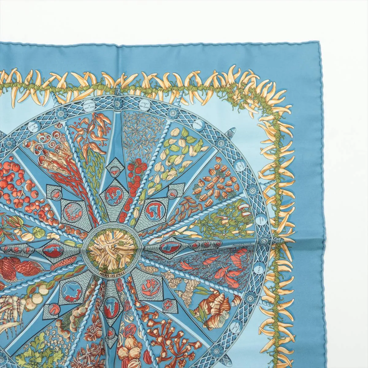 Carre 40 AUX PAYS DES EPICES (Land of Spices) Scarf, Silk, Blue-Gray, with some wear, — view 3