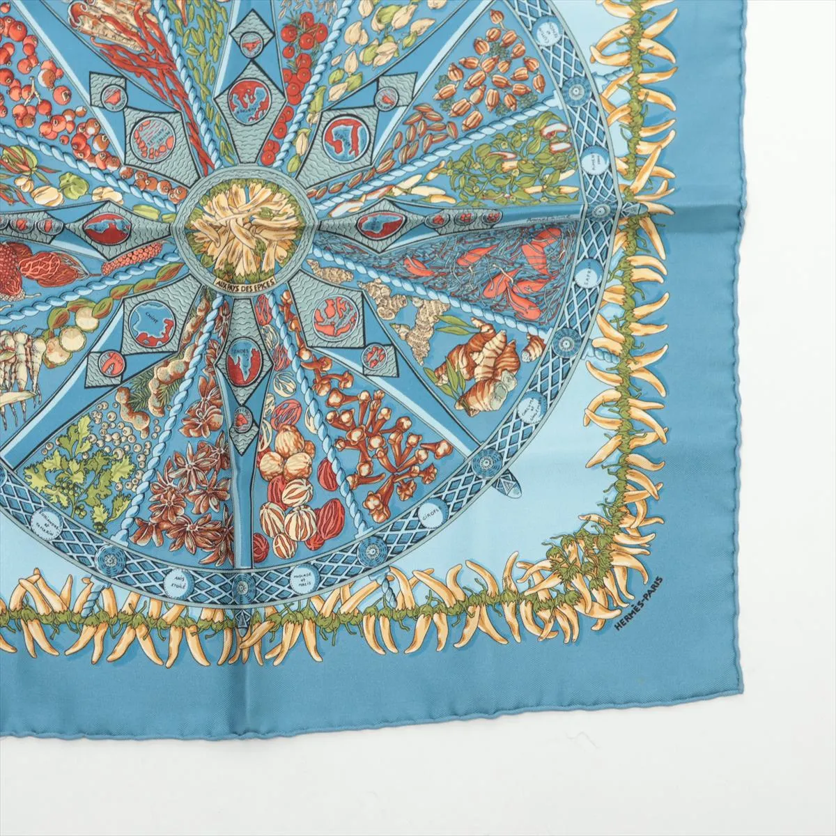 Carre 40 AUX PAYS DES EPICES (Land of Spices) Scarf, Silk, Blue-Gray, with some wear, — view 4