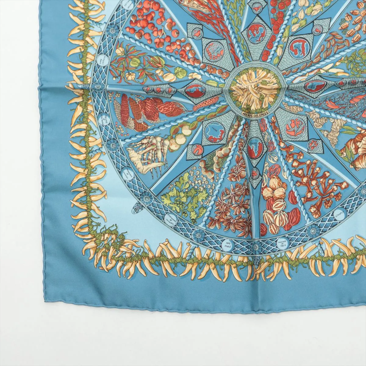 Carre 40 AUX PAYS DES EPICES (Land of Spices) Scarf, Silk, Blue-Gray, with some wear, — view 5