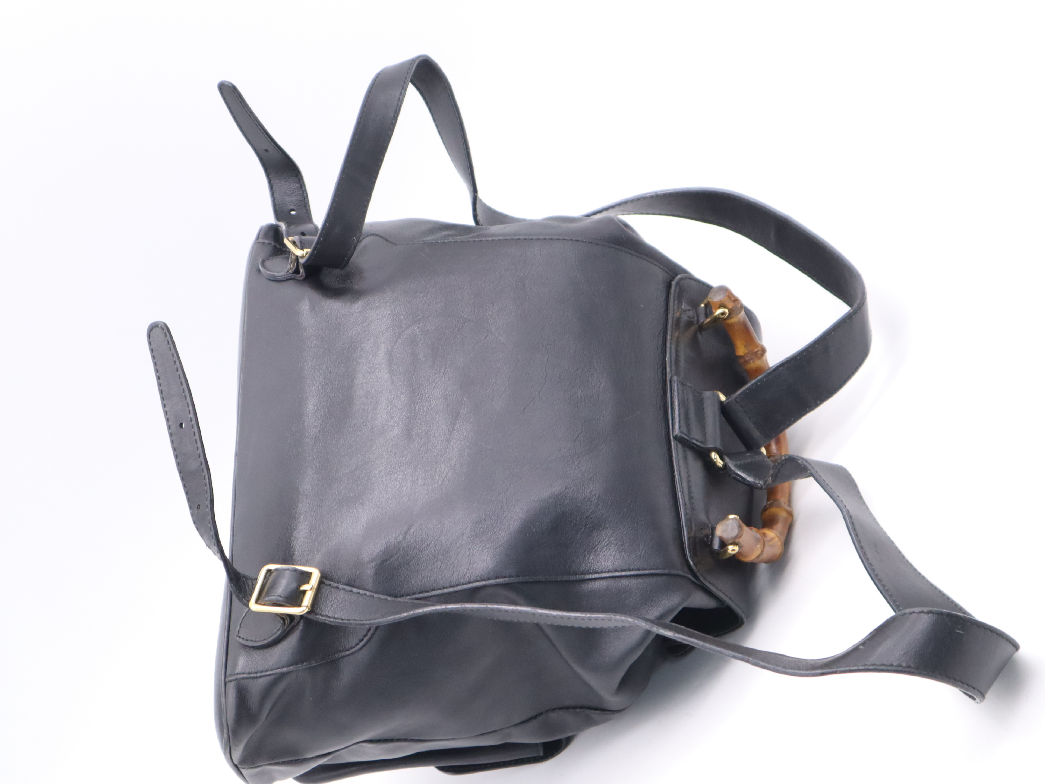 003・2058 Leather Backpack with Bamboo Handle, Black. — view 6