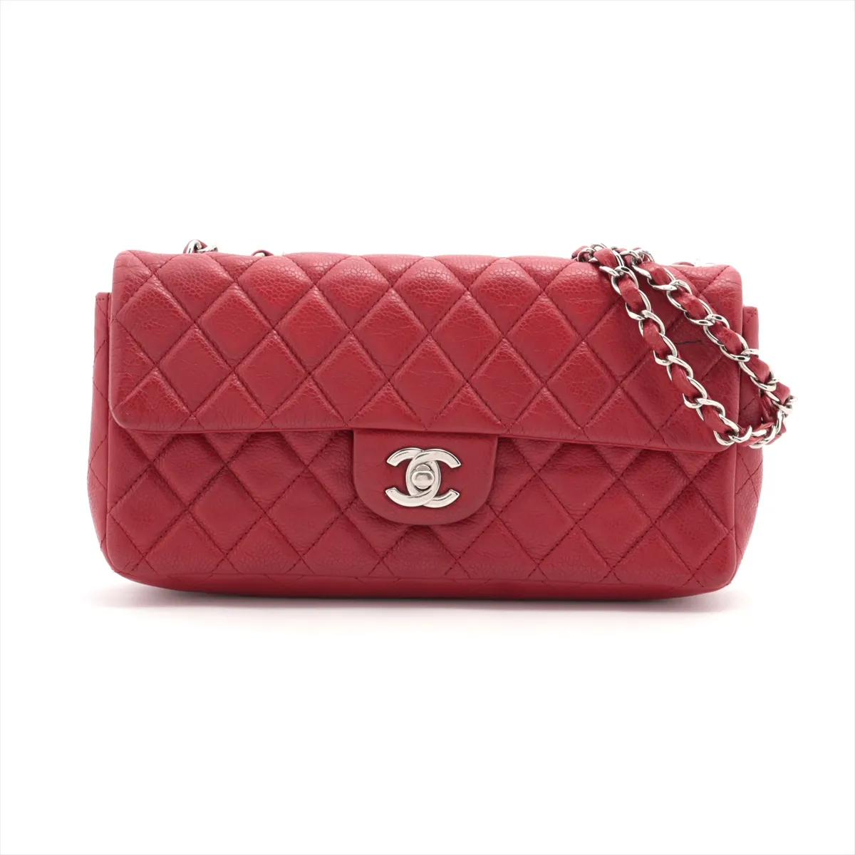 Matelasse caviar skin single flap double chain bag red silver hardware 14889157 14th series