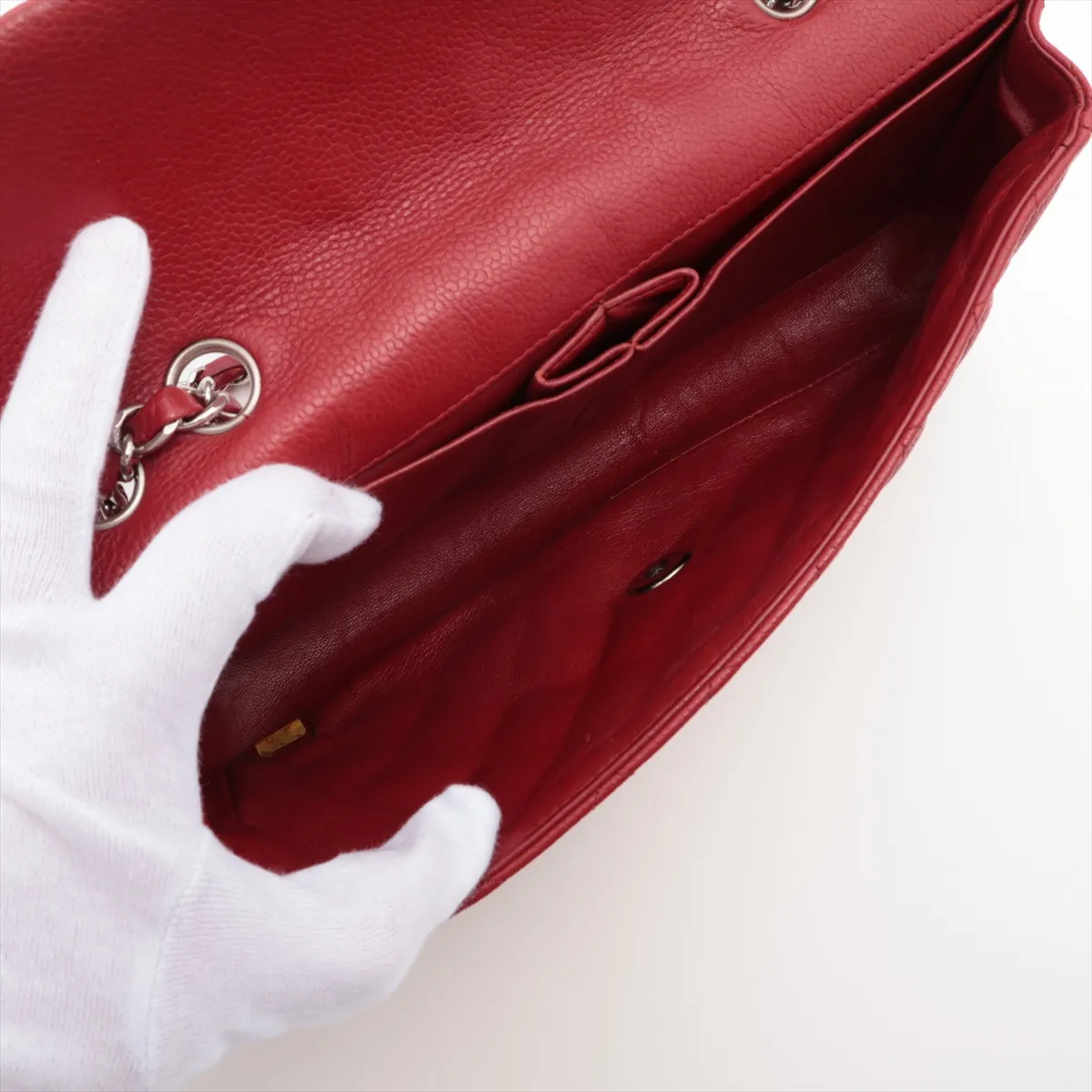 Matelasse caviar skin single flap double chain bag red silver hardware 14889157 14th series — view 7