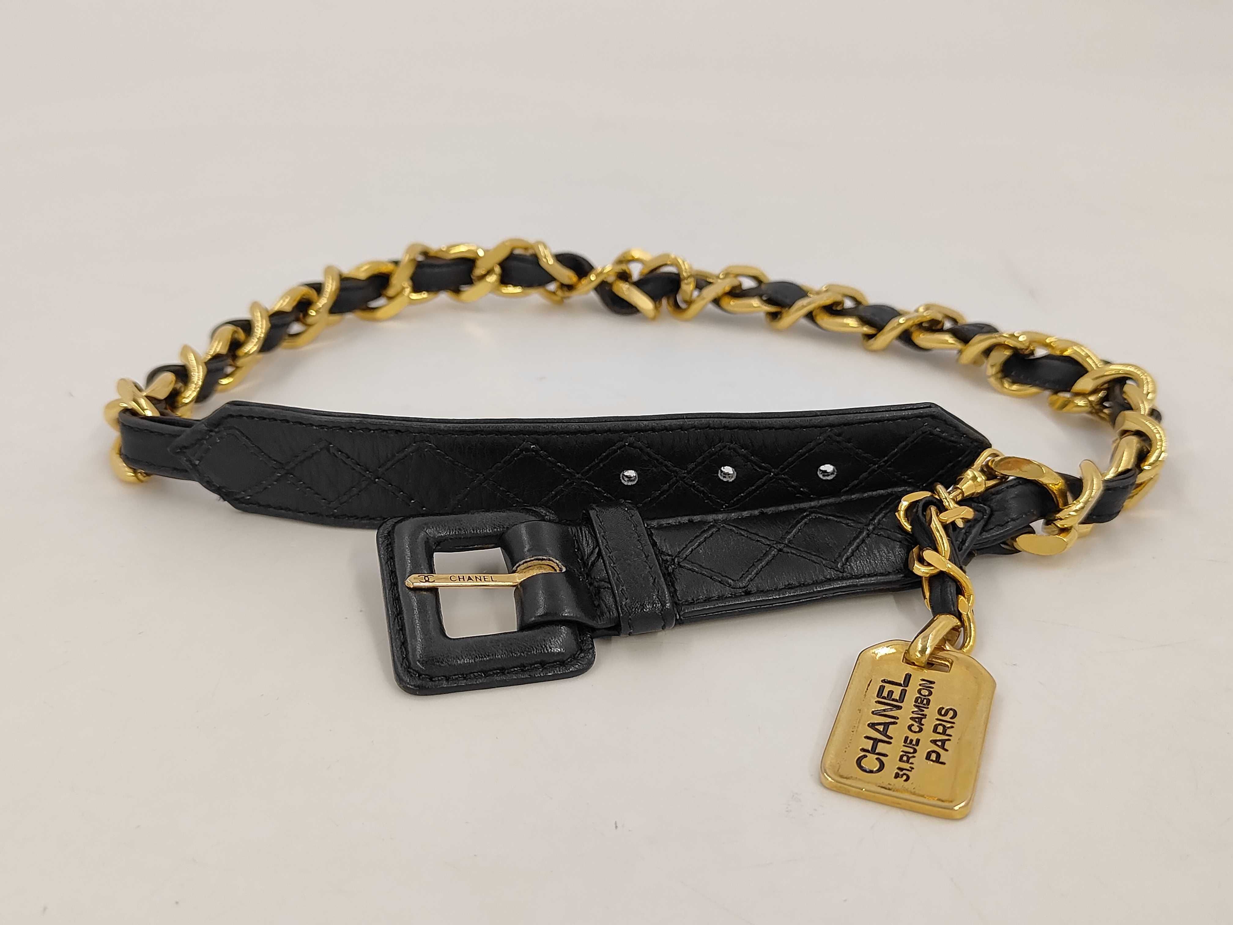 Chain belt with plate charm Leather black x gold color ♯70/28 belt