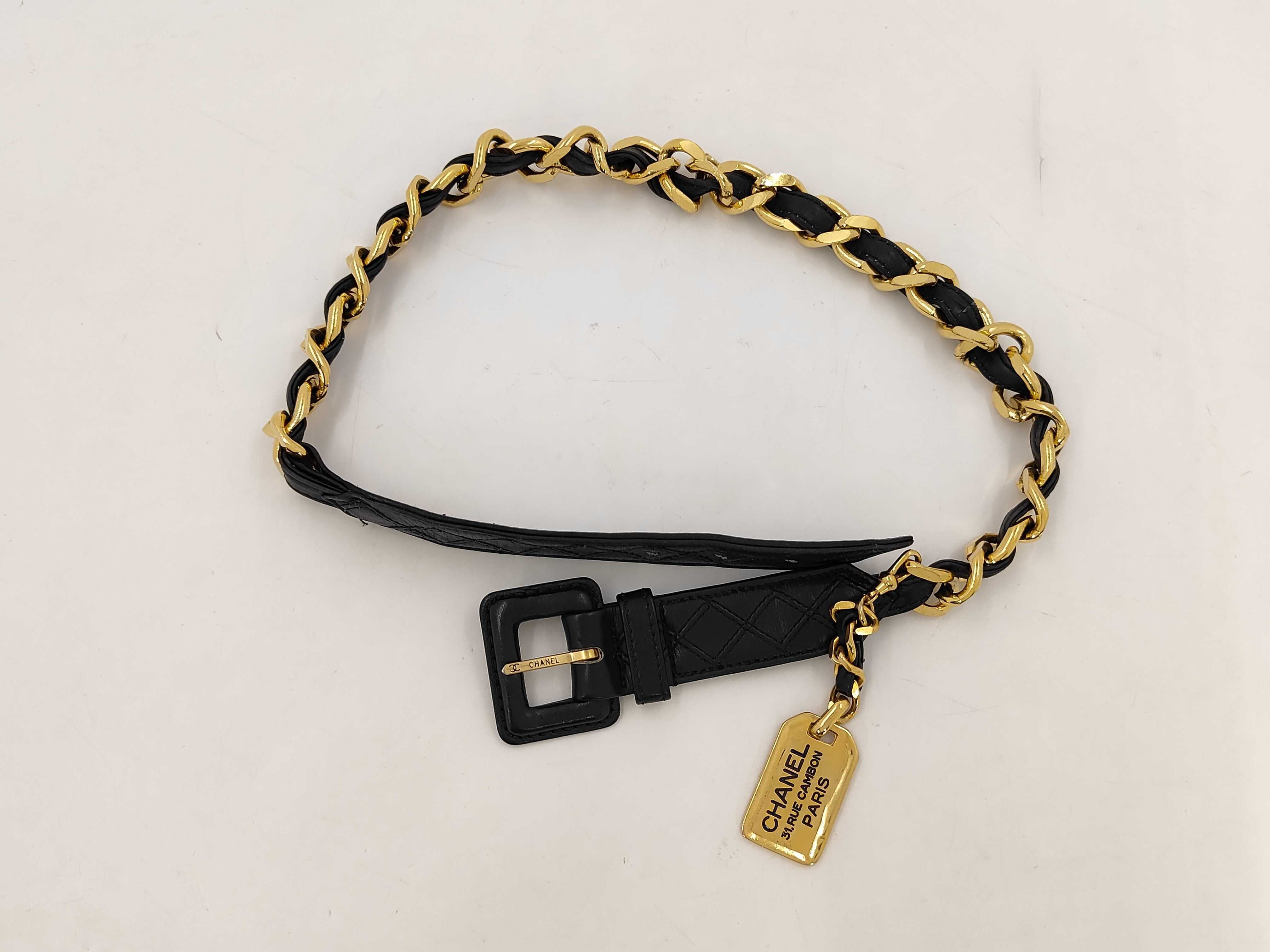Chain belt with plate charm Leather black x gold color ♯70/28 belt — view 2