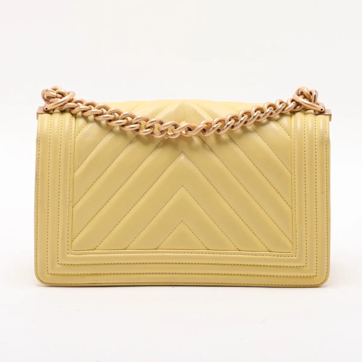 Boy Chanel 25 Lambskin Chain Shoulder Bag, Chevron V-stitch, Yellow, Gold Hardware, 25229998, Serial Number 25-series, A67086 — view 2