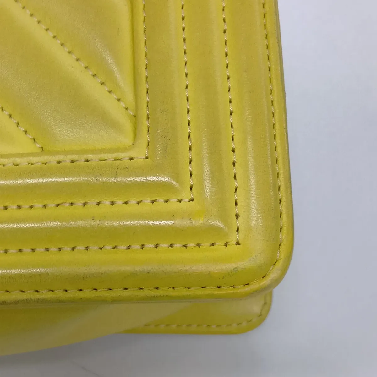 Boy Chanel 25 Lambskin Chain Shoulder Bag, Chevron V-stitch, Yellow, Gold Hardware, 25229998, Serial Number 25-series, A67086 — view 13