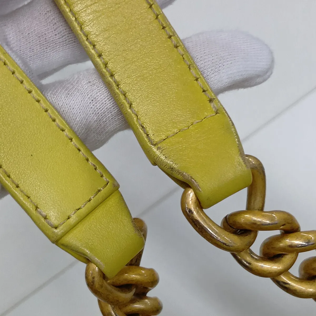 Boy Chanel 25 Lambskin Chain Shoulder Bag, Chevron V-stitch, Yellow, Gold Hardware, 25229998, Serial Number 25-series, A67086 — view 15