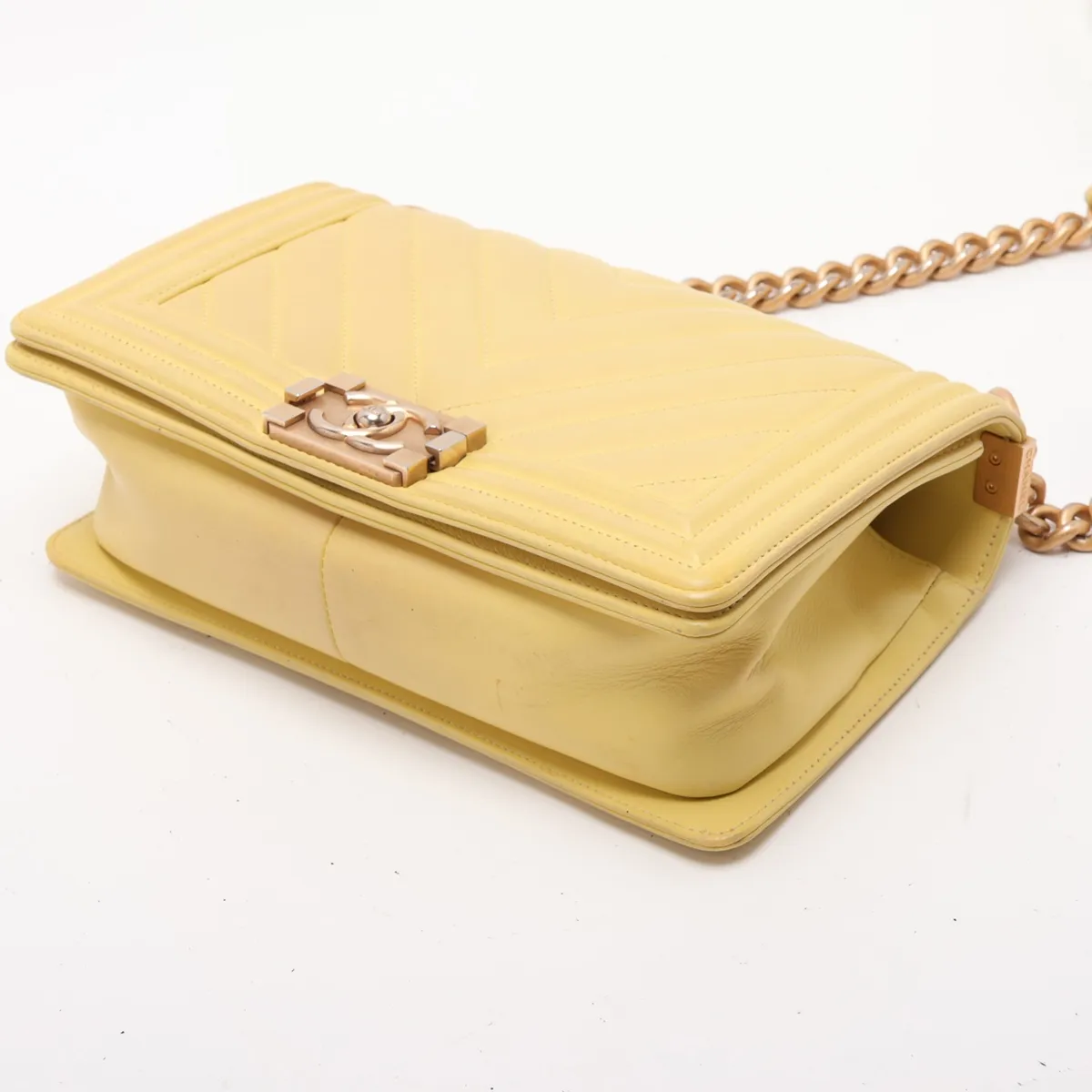 Boy Chanel 25 Lambskin Chain Shoulder Bag, Chevron V-stitch, Yellow, Gold Hardware, 25229998, Serial Number 25-series, A67086 — view 3
