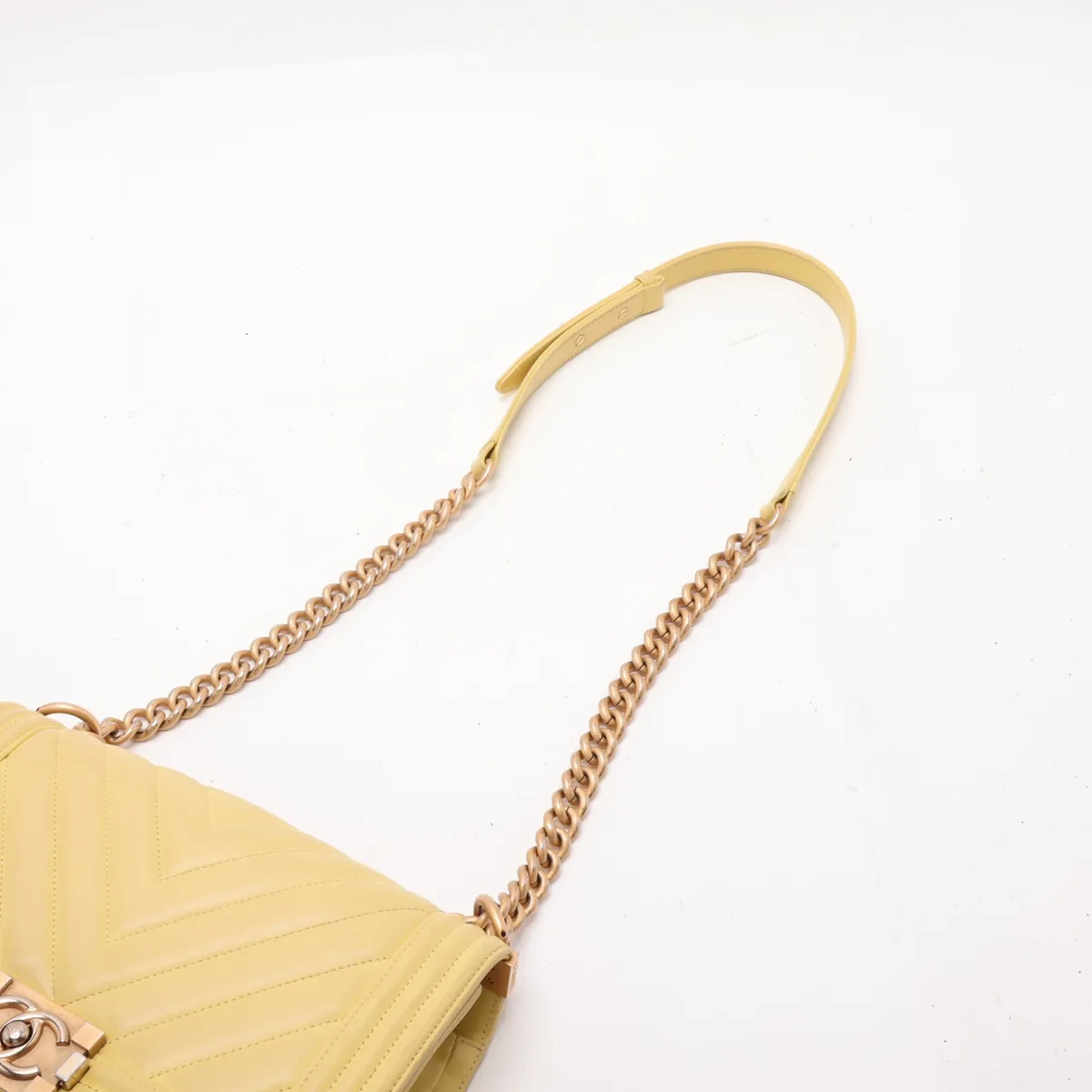 Boy Chanel 25 Lambskin Chain Shoulder Bag, Chevron V-stitch, Yellow, Gold Hardware, 25229998, Serial Number 25-series, A67086 — view 5