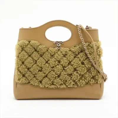 [Individually packaged] Chanel 31 Mini Leather x Shearling 2-Way Shoulder Bag, Khaki, Gold Hardware, G68CJ0J5, Random Plate, AS4133