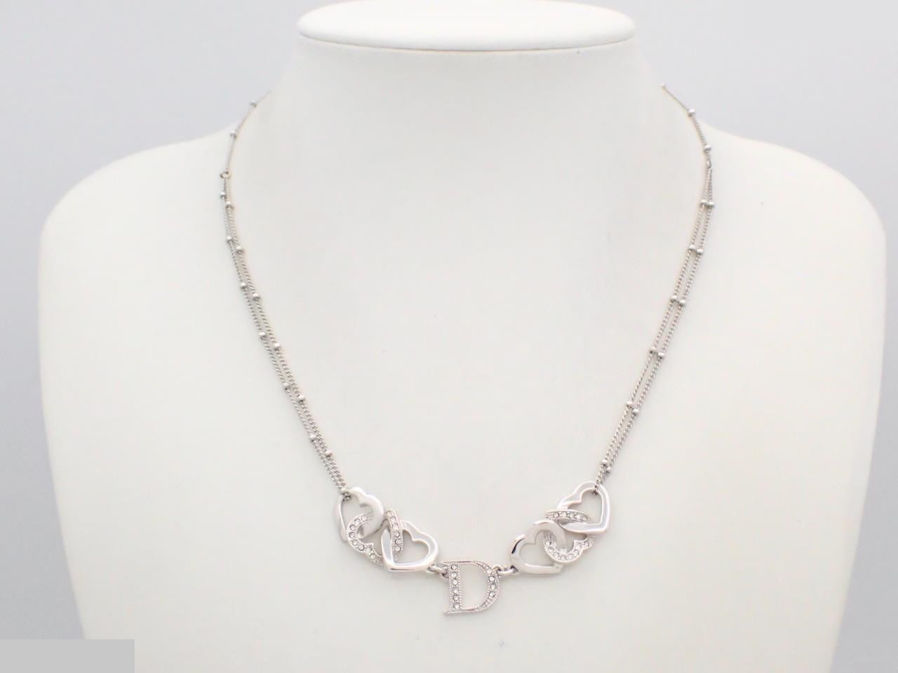 D Triple Heart Stone Double Chain Silver Necklace — view 3