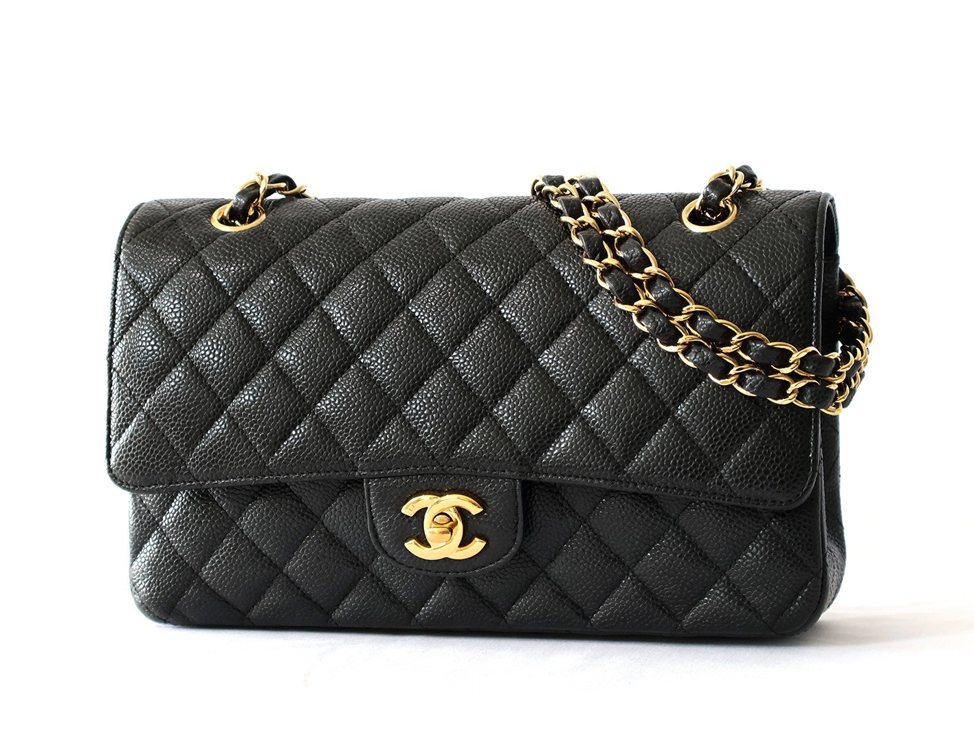 Caviar leather Matelassé 25 Double flap Double chain shoulder bag, black