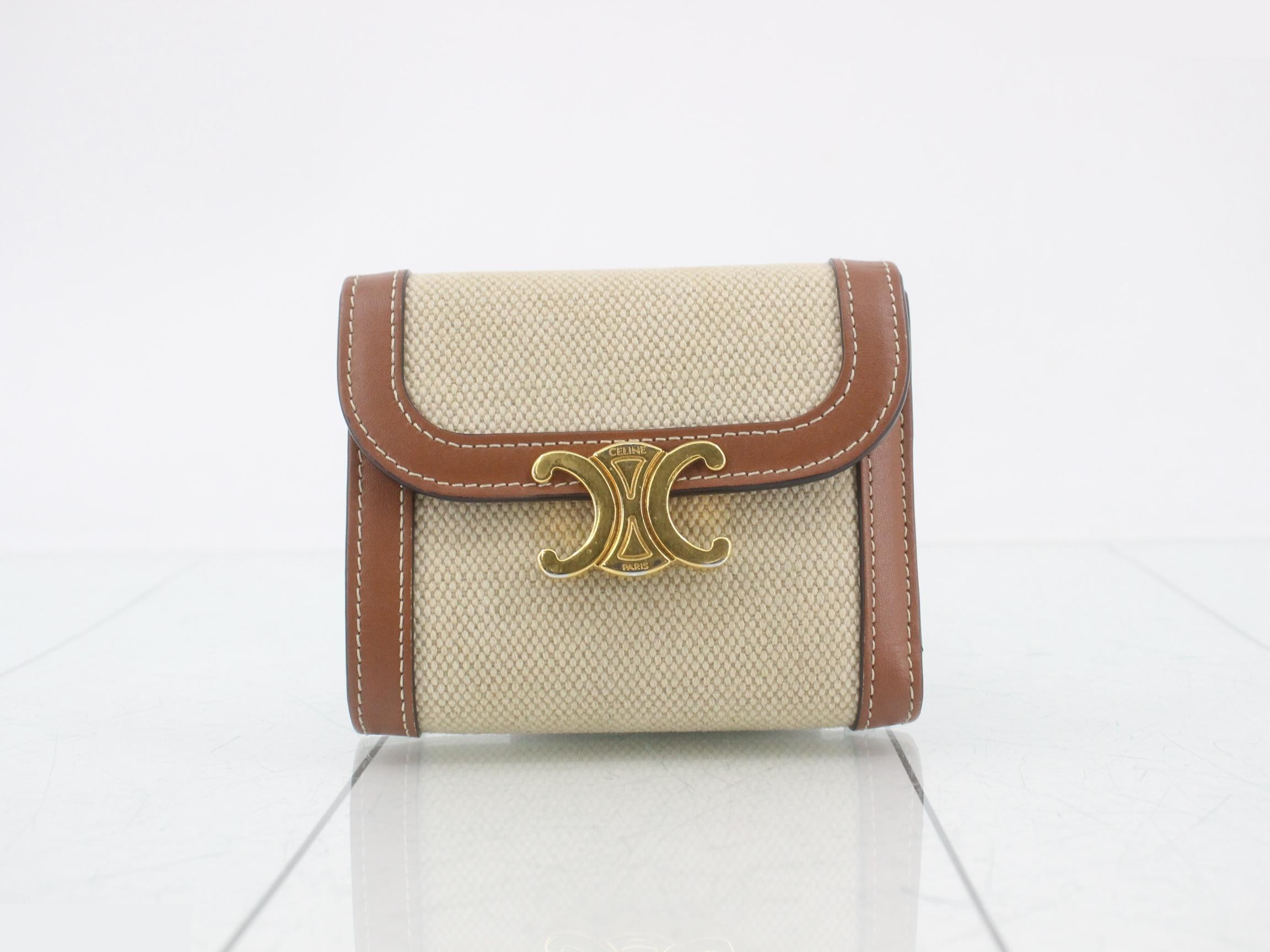 Triomphe Textile & Leather Tri-fold Wallet, Natural x Tan